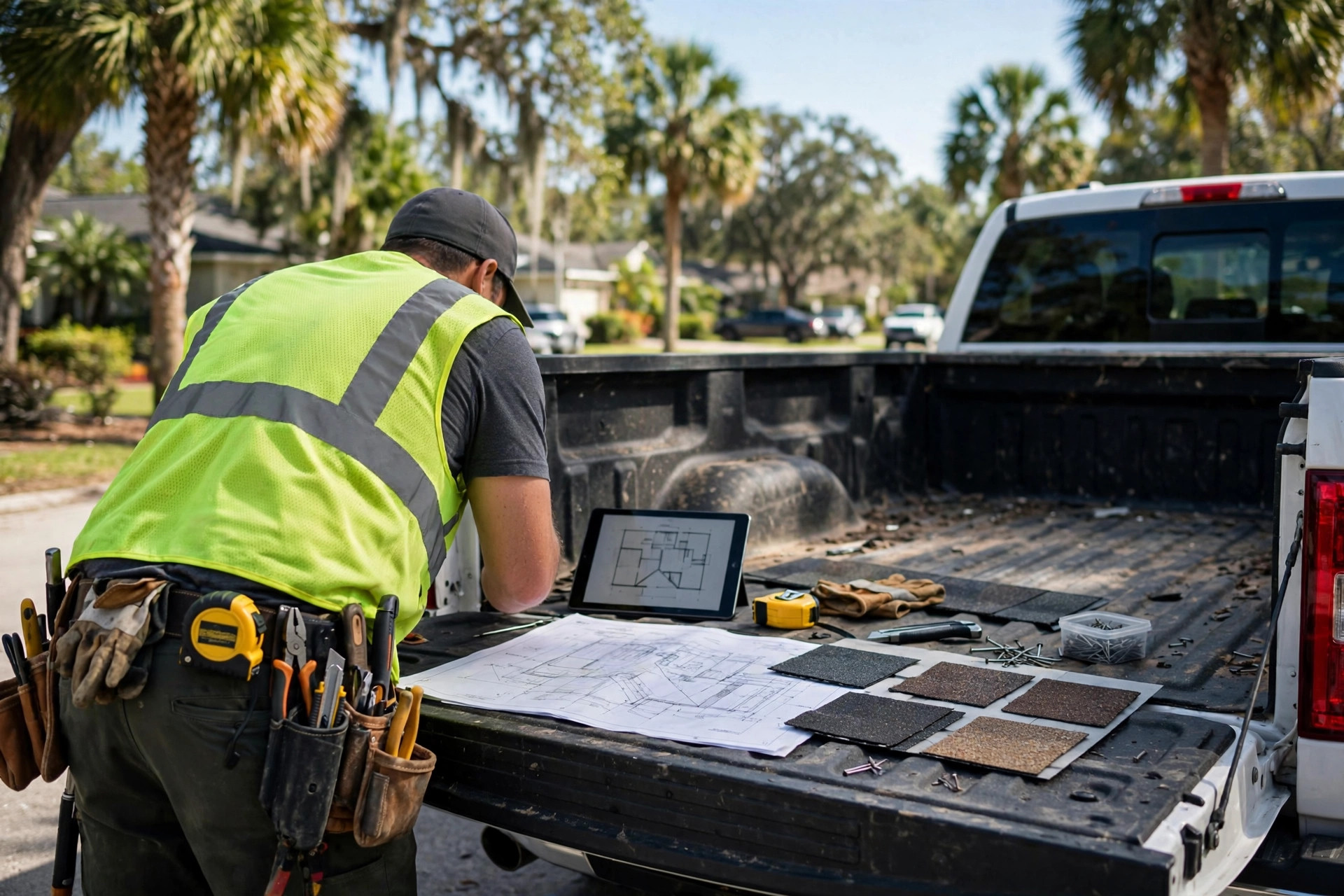 About Roof Repair Orlando FL, contractor reviewing roof plans and inspection notes