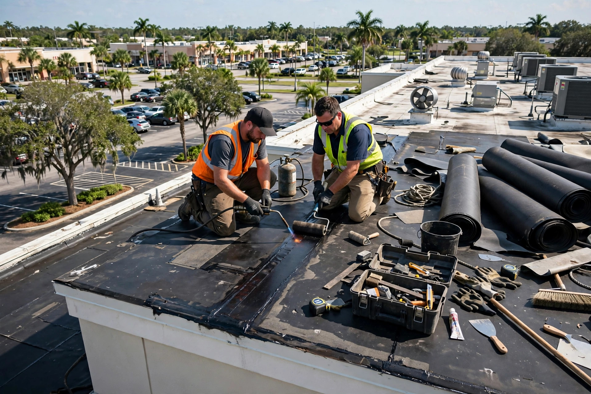 Commercial roof repair in Orlando, FL on a low slope retail building roof