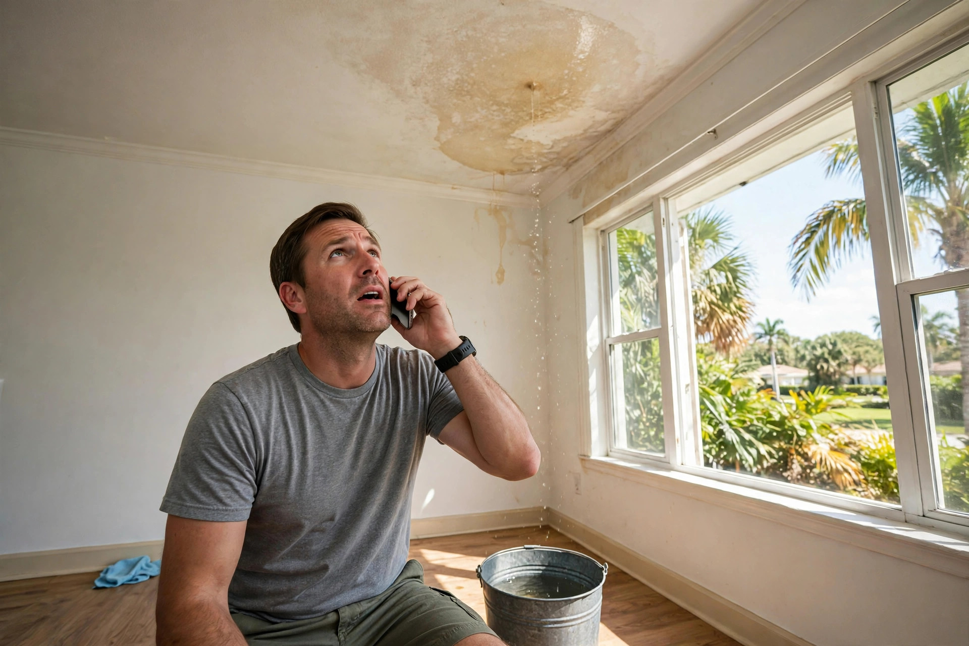 Contact Roof Repair Orlando FL, homeowner calling about a roof leak stain on the ceiling
