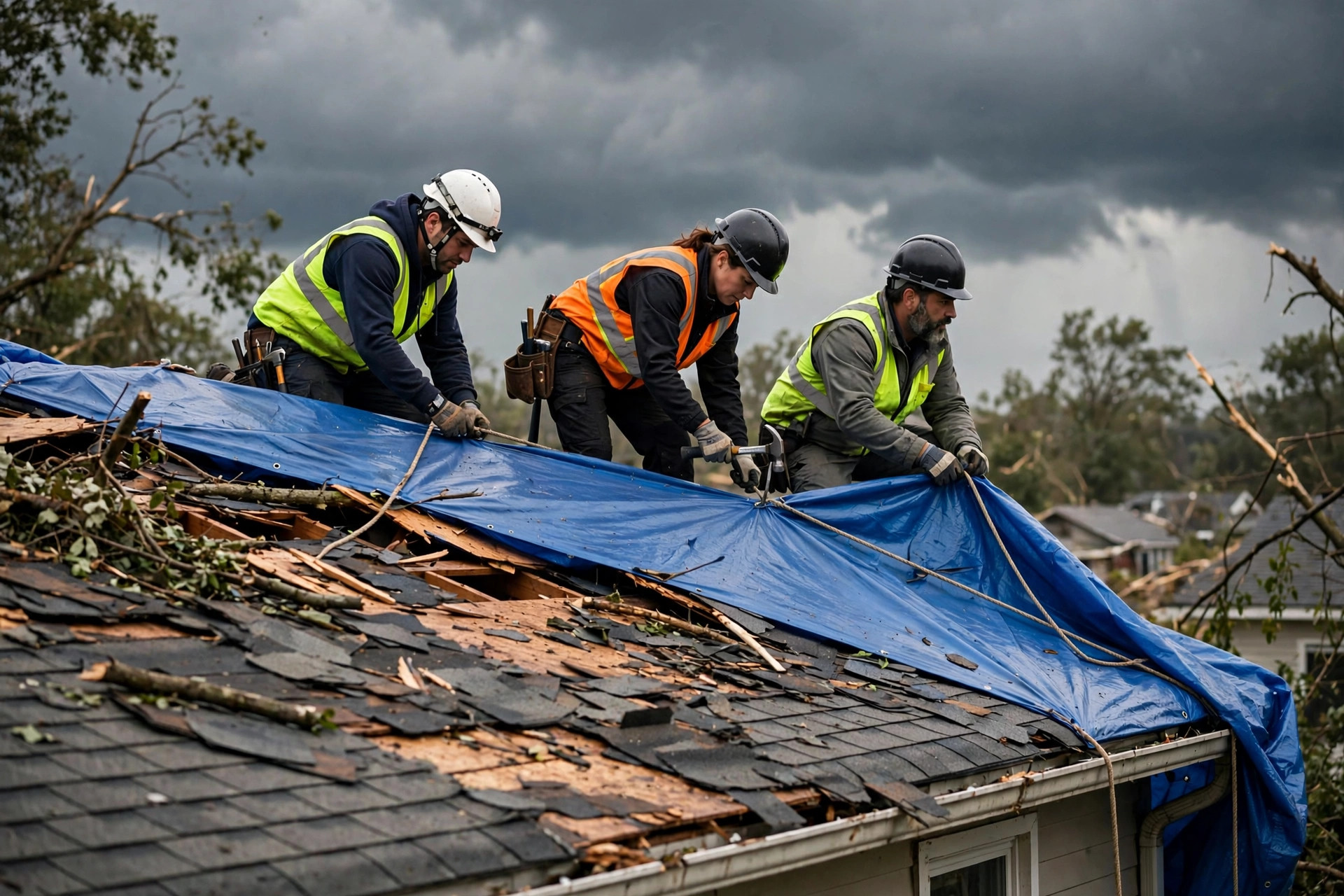 Emergency roof repair in Orlando, FL with temporary tarping over storm damage