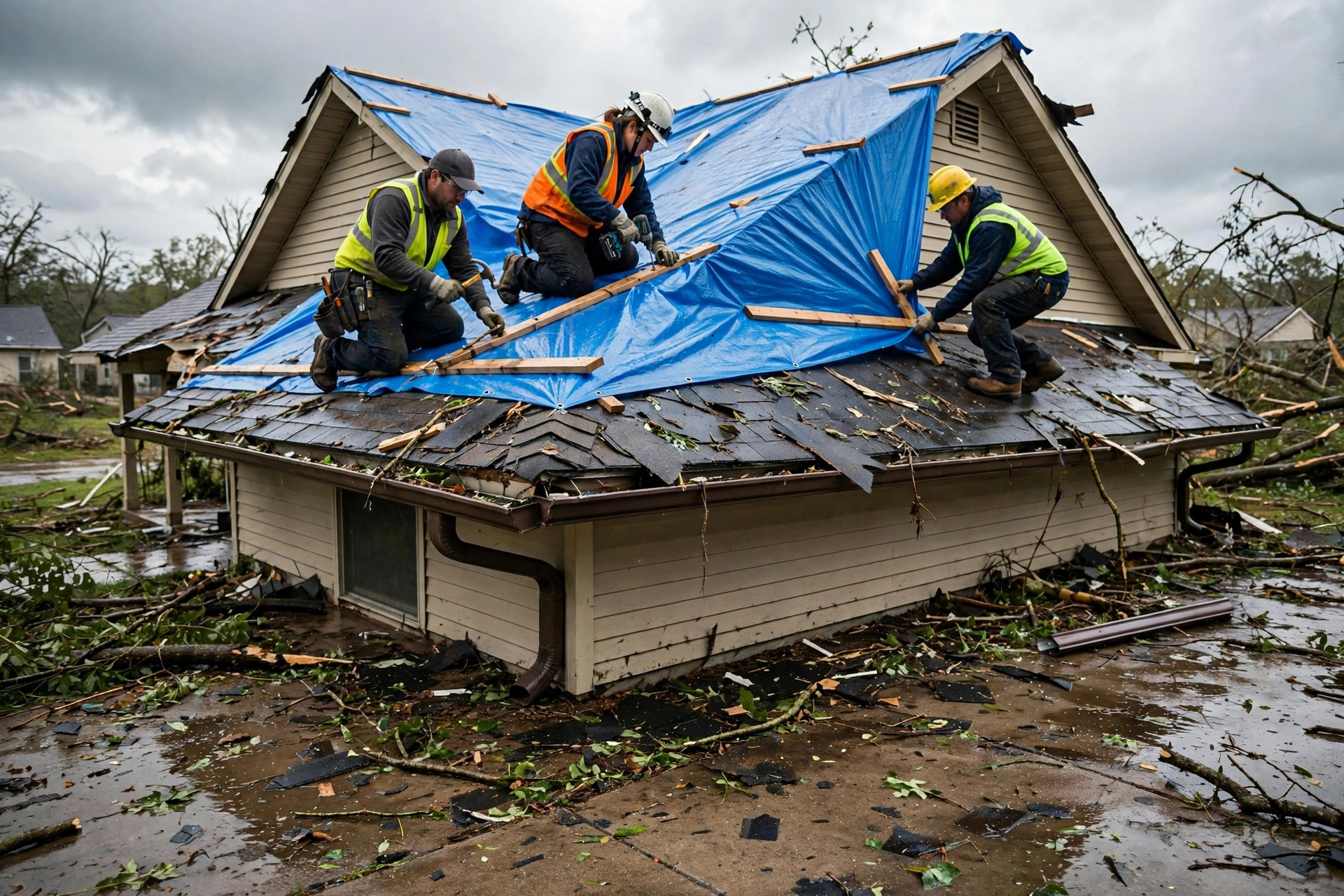Emergency roof tarping in Orlando, FL with batten strips securing a storm cover