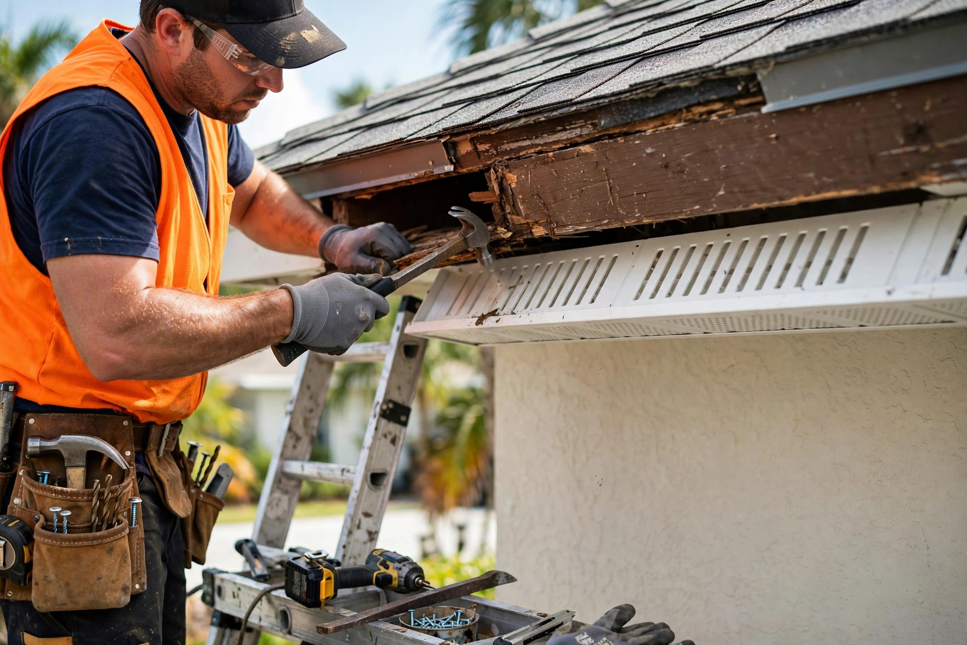 Fascia and soffit repair in Orlando, FL replacing a rotted fascia board at the eave