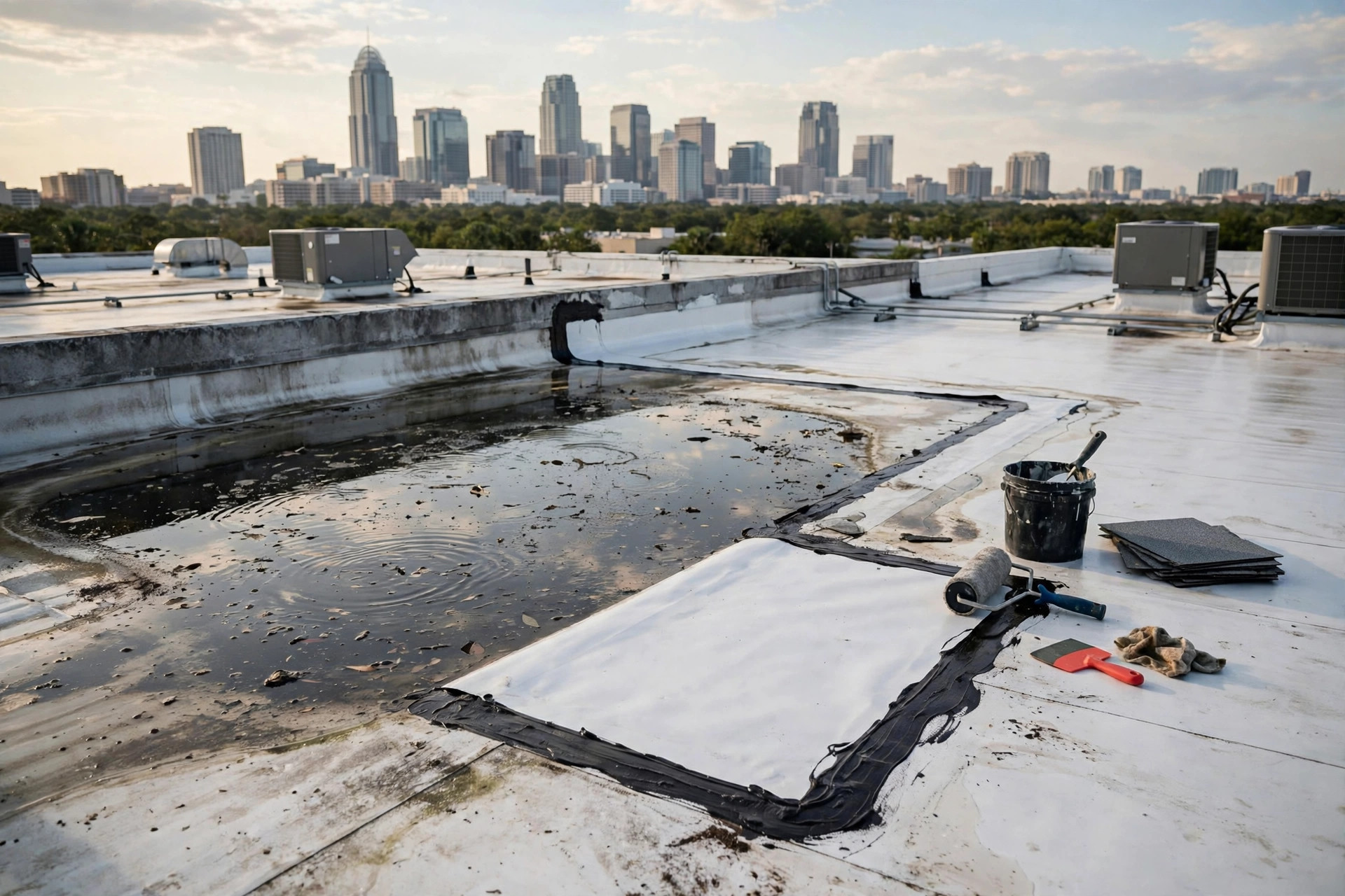 Flat roof repair in Orlando, FL repairing a TPO membrane seam and ponding water
