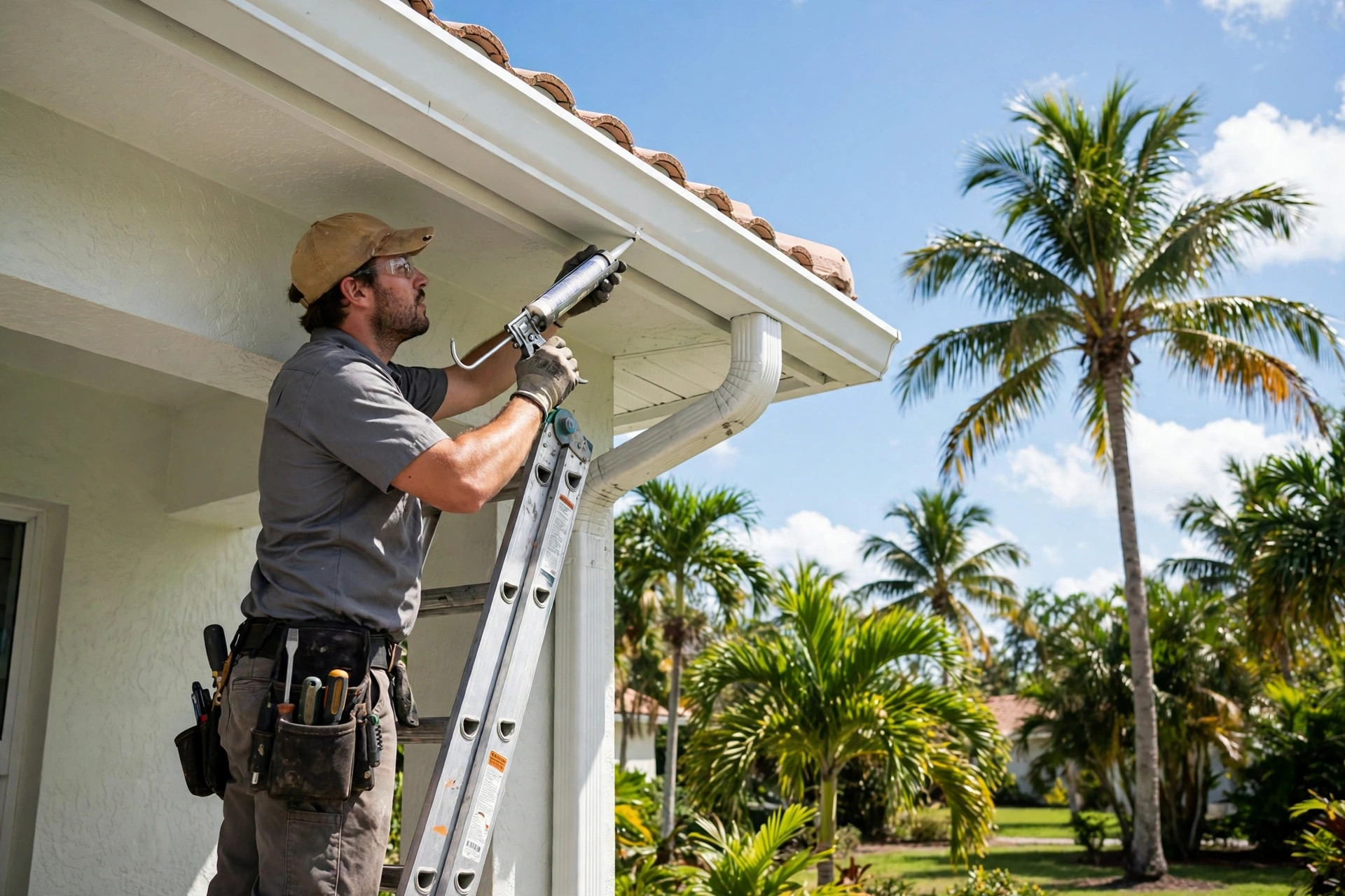Gutter repair in Orlando, FL fixing a seamless aluminum gutter and downspout