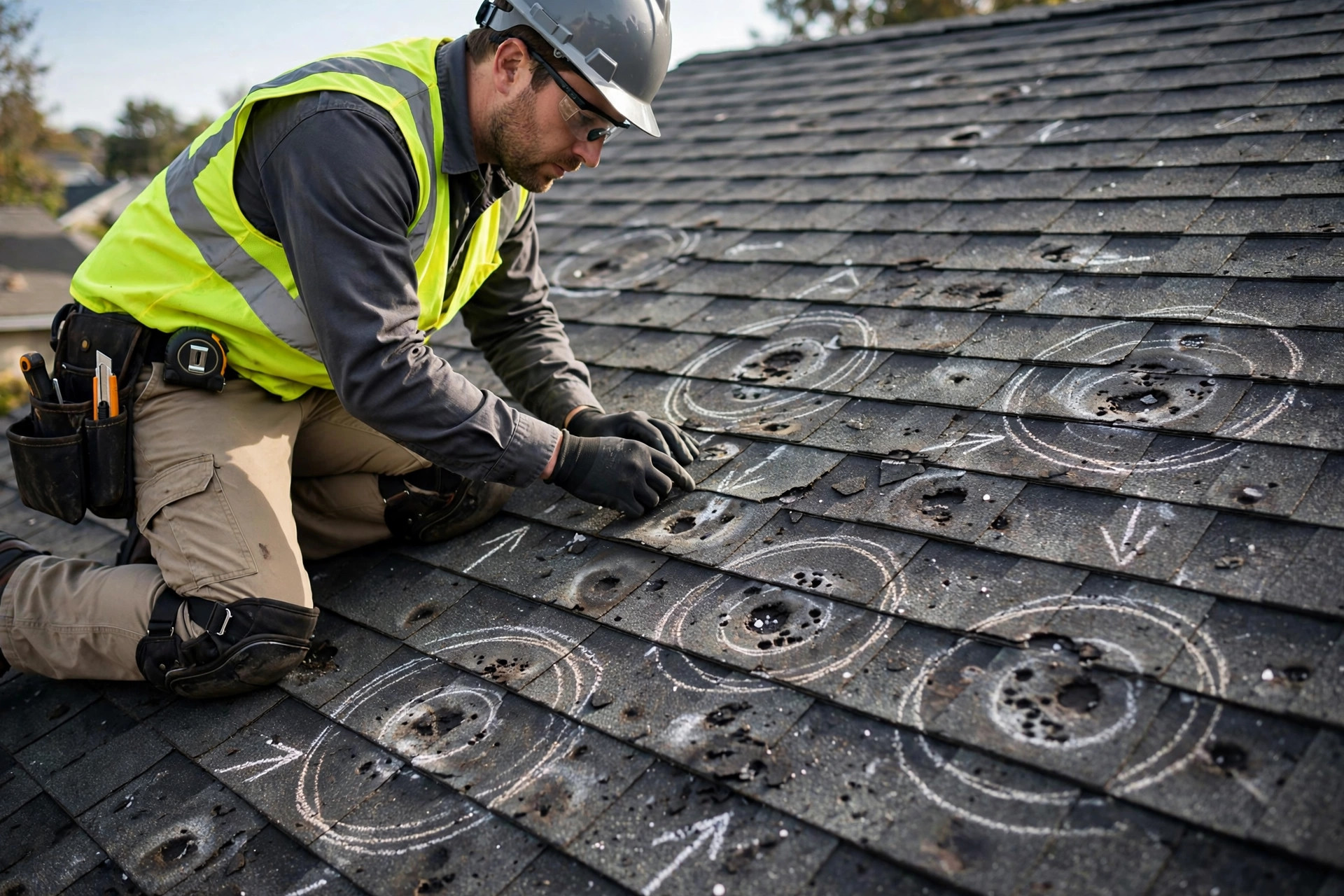 Hail damage roof repair in Orlando, FL with chalk marked hail bruises on shingles