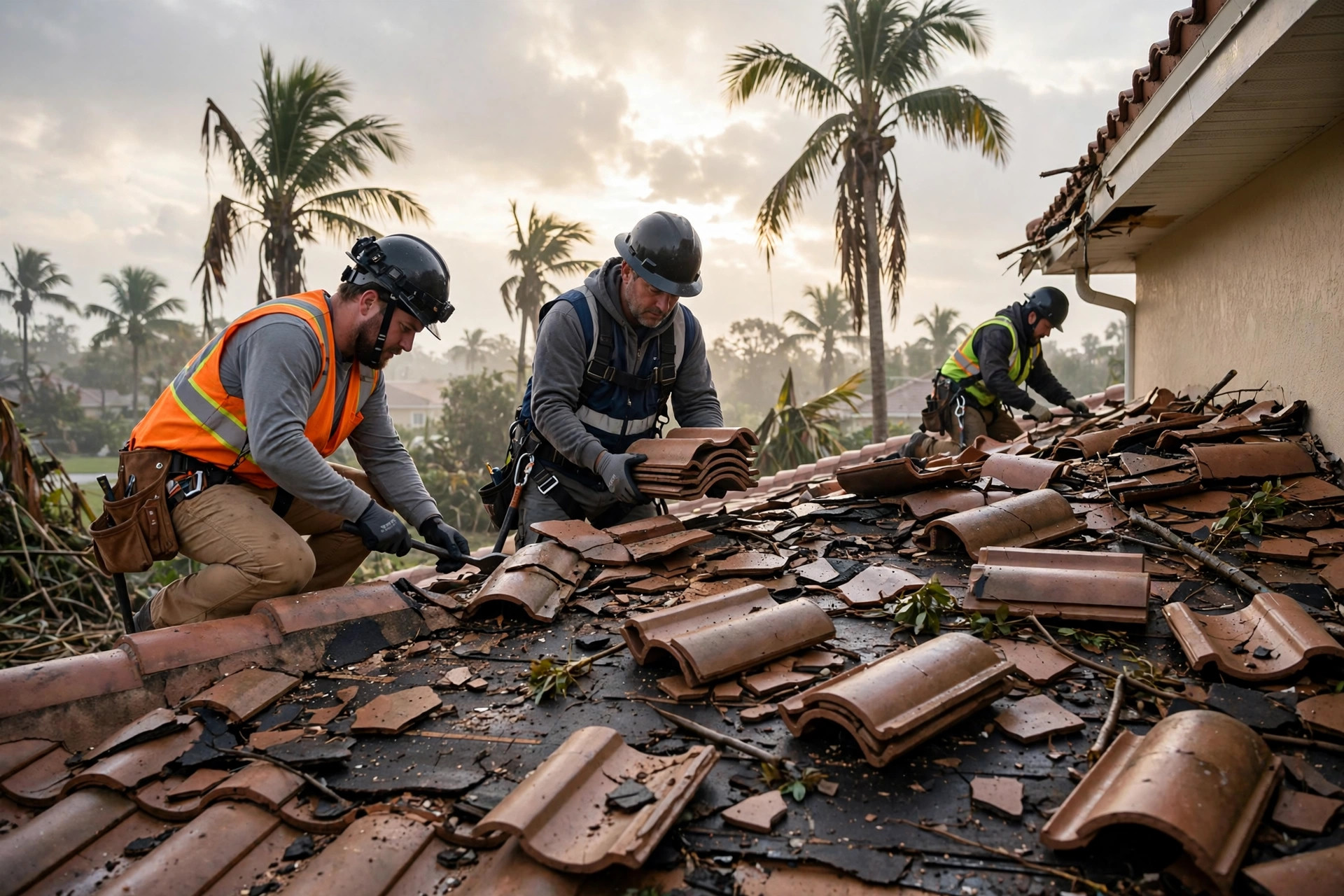 Hurricane roof repair in Orlando, FL repairing broken tiles after a storm