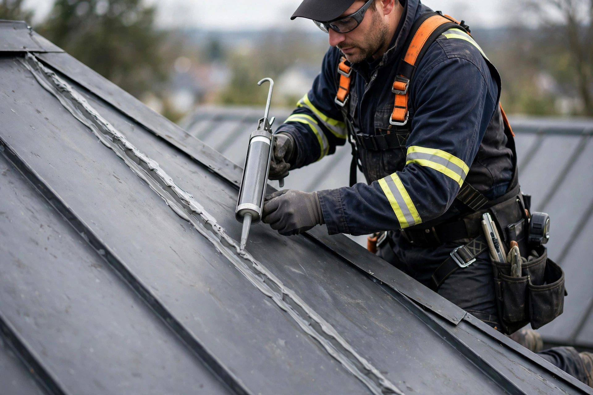 Metal roof repair in Orlando, FL resealing a standing seam and fasteners