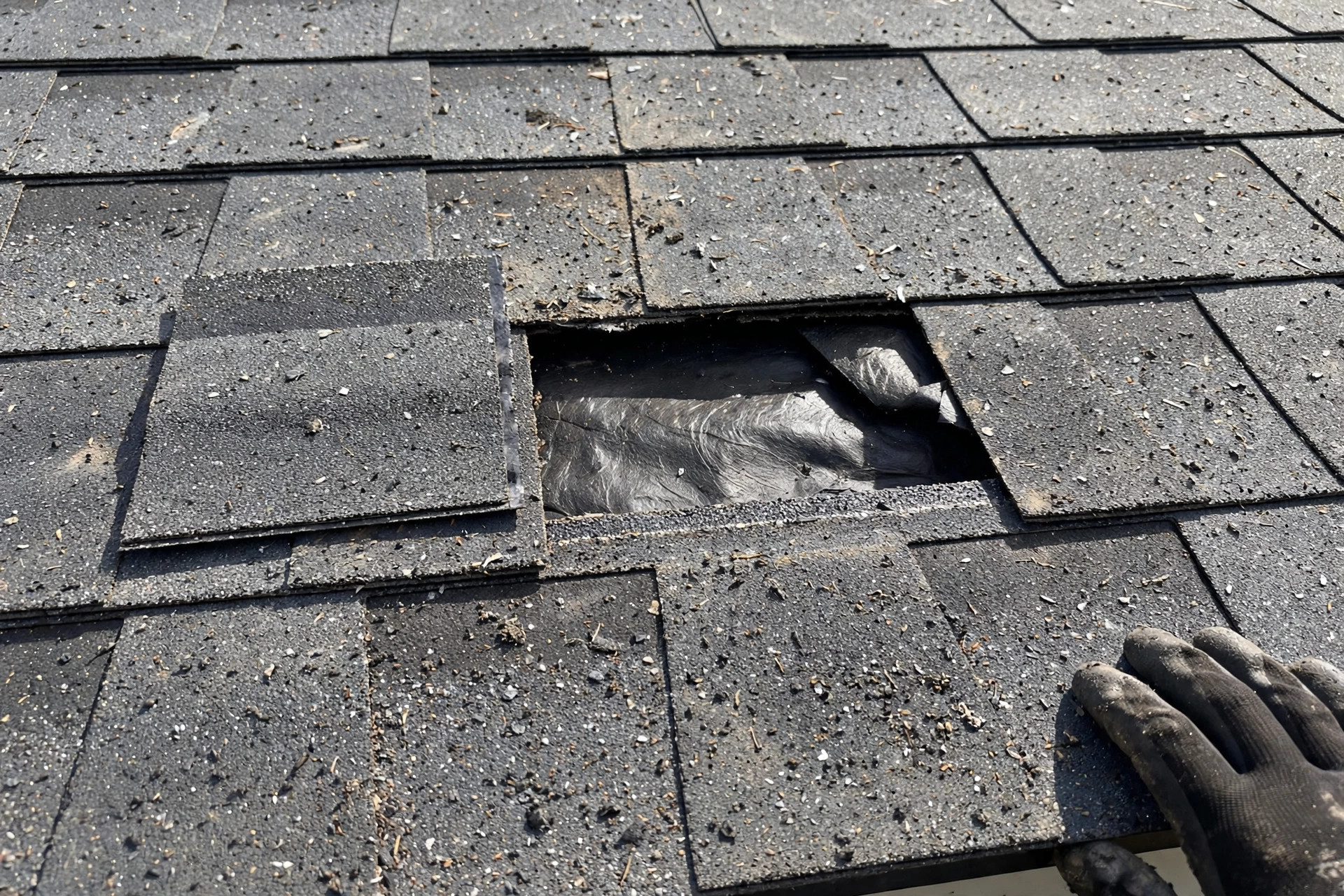 Missing shingle repair in Orlando, FL showing exposed underlayment and a replacement shingle