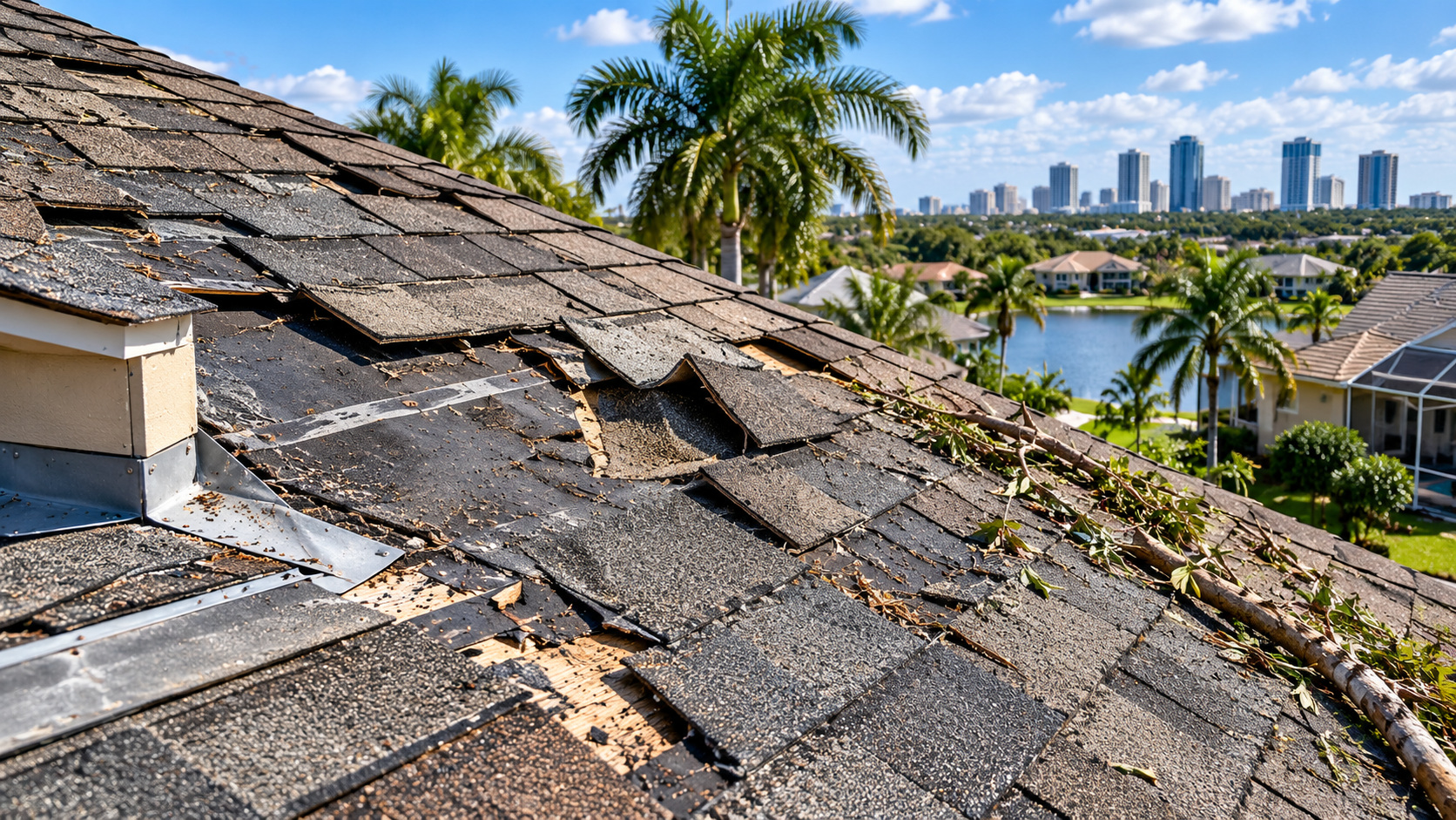 Illustrative before image showing a damaged Orlando roof area, geotagged to Orlando FL