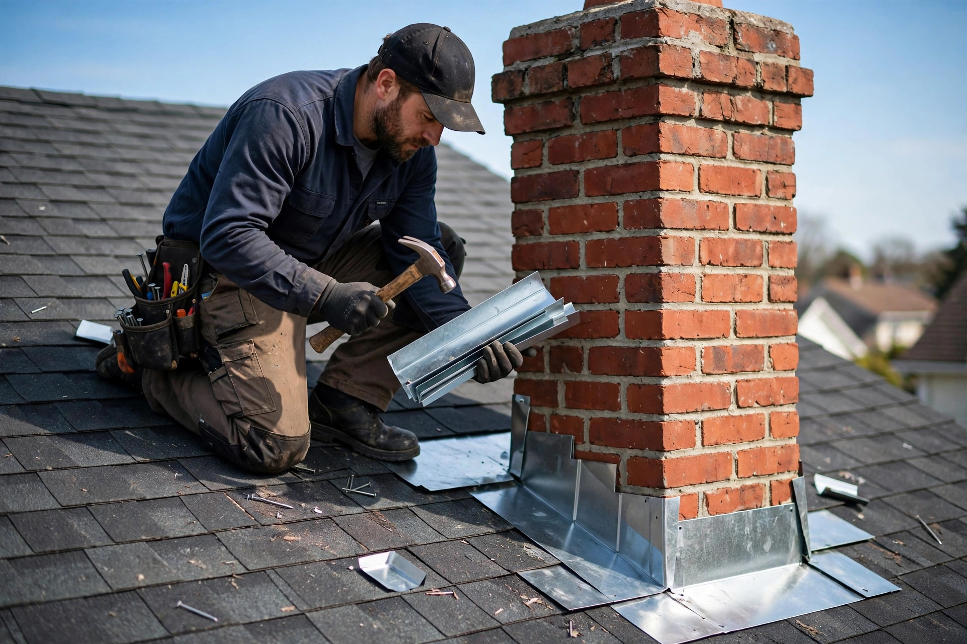 Roof flashing repair in Orlando, FL installing metal step flashing at a chimney