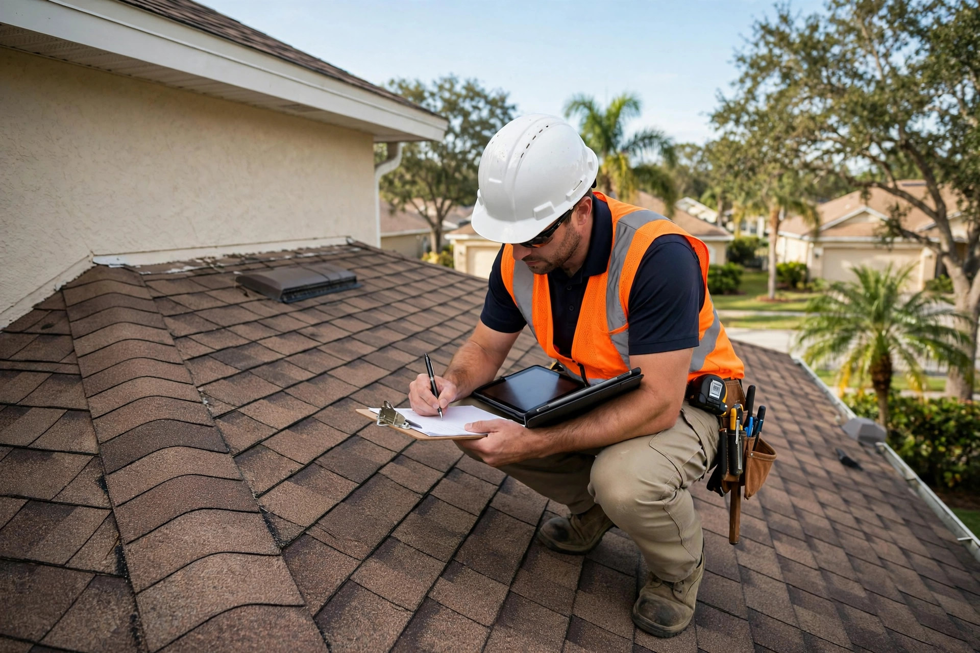 Roof inspection in Orlando, FL documenting shingle and flashing condition