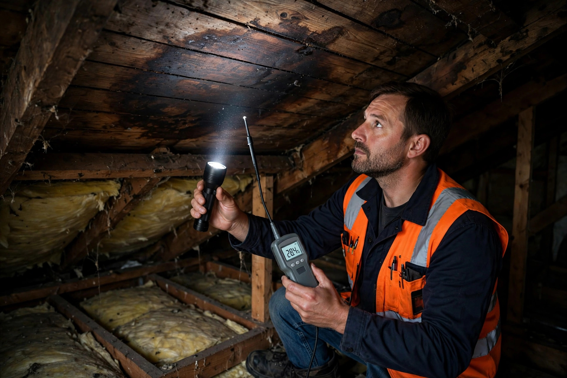 Roof leak detection in Orlando, FL with an attic moisture check at stained decking