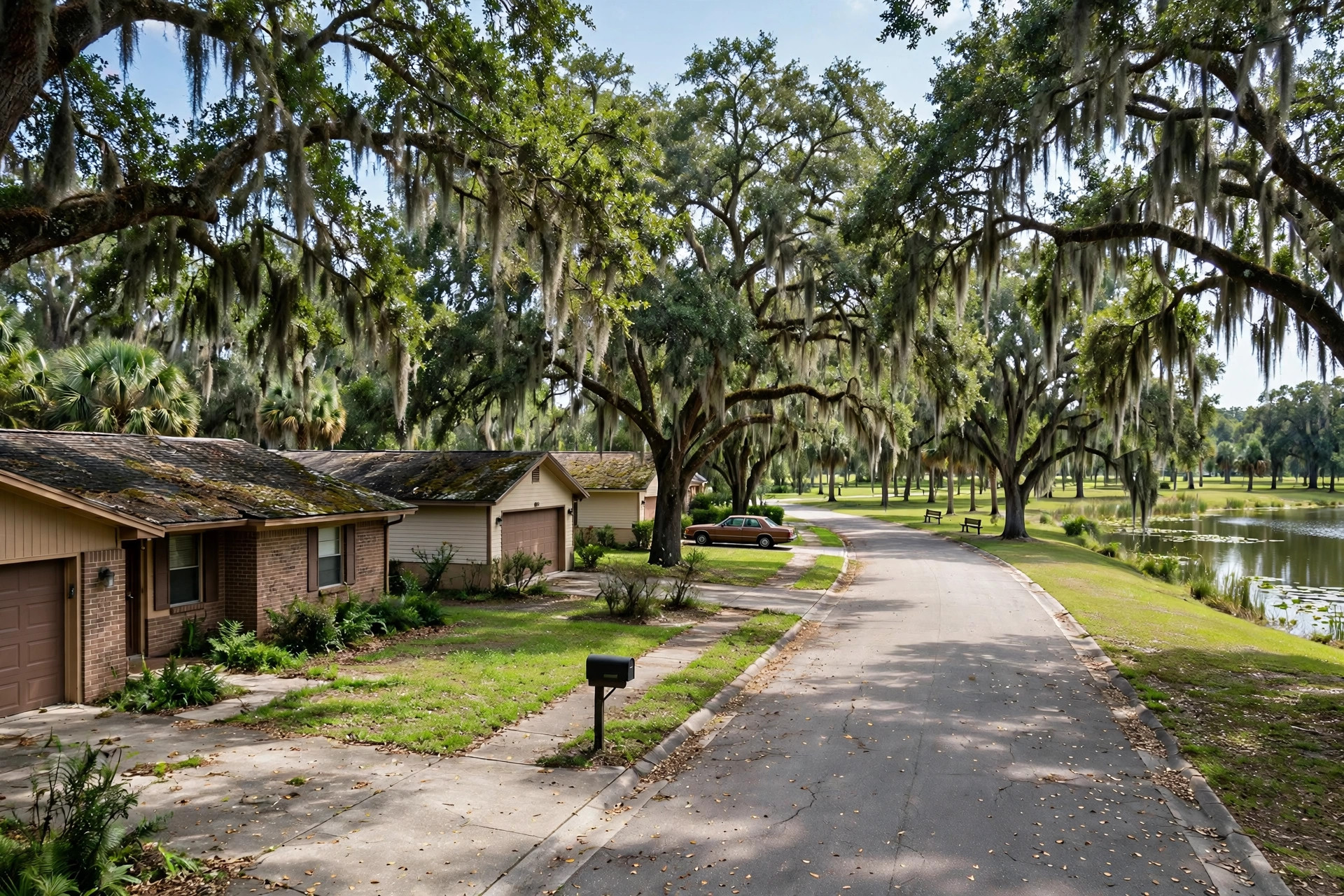 Roof repair in Altamonte Springs FL, ranch homes with shingle roofs near a lake park