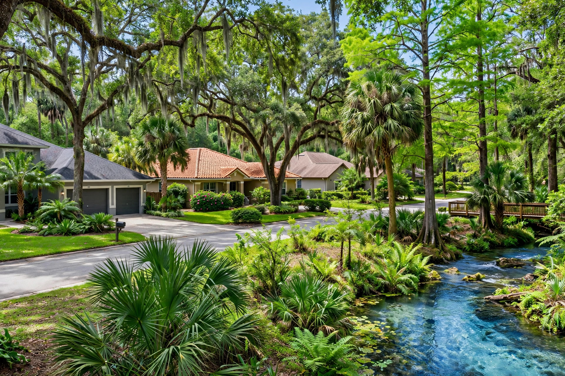 Roof repair in Apopka FL, suburban homes with shingle and tile roofs among greenery
