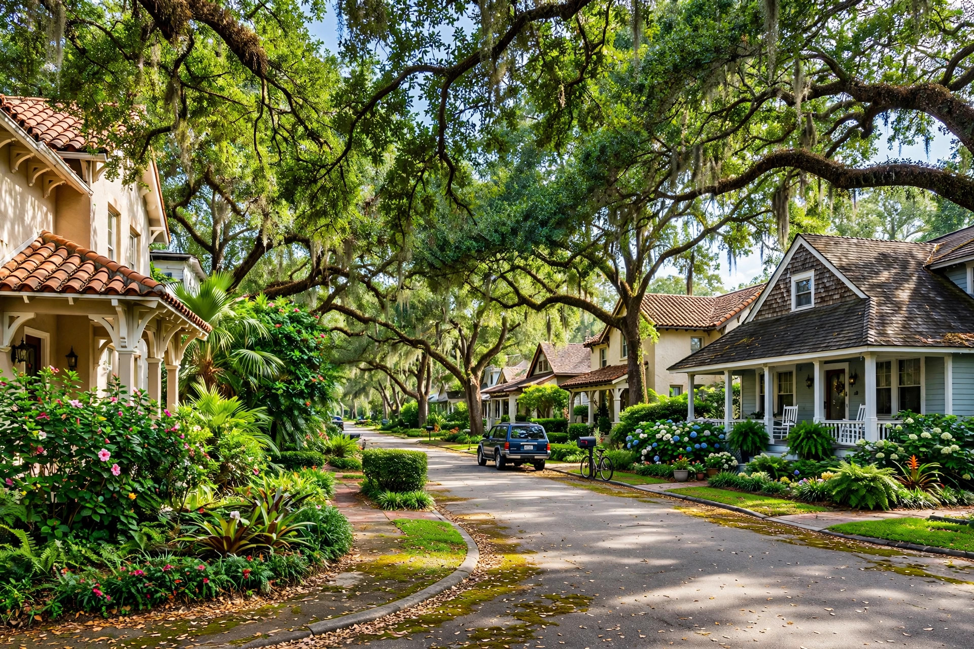 Roof repair in Audubon Park Garden District, Orlando FL, shaded shingle and tile roofs under mature trees