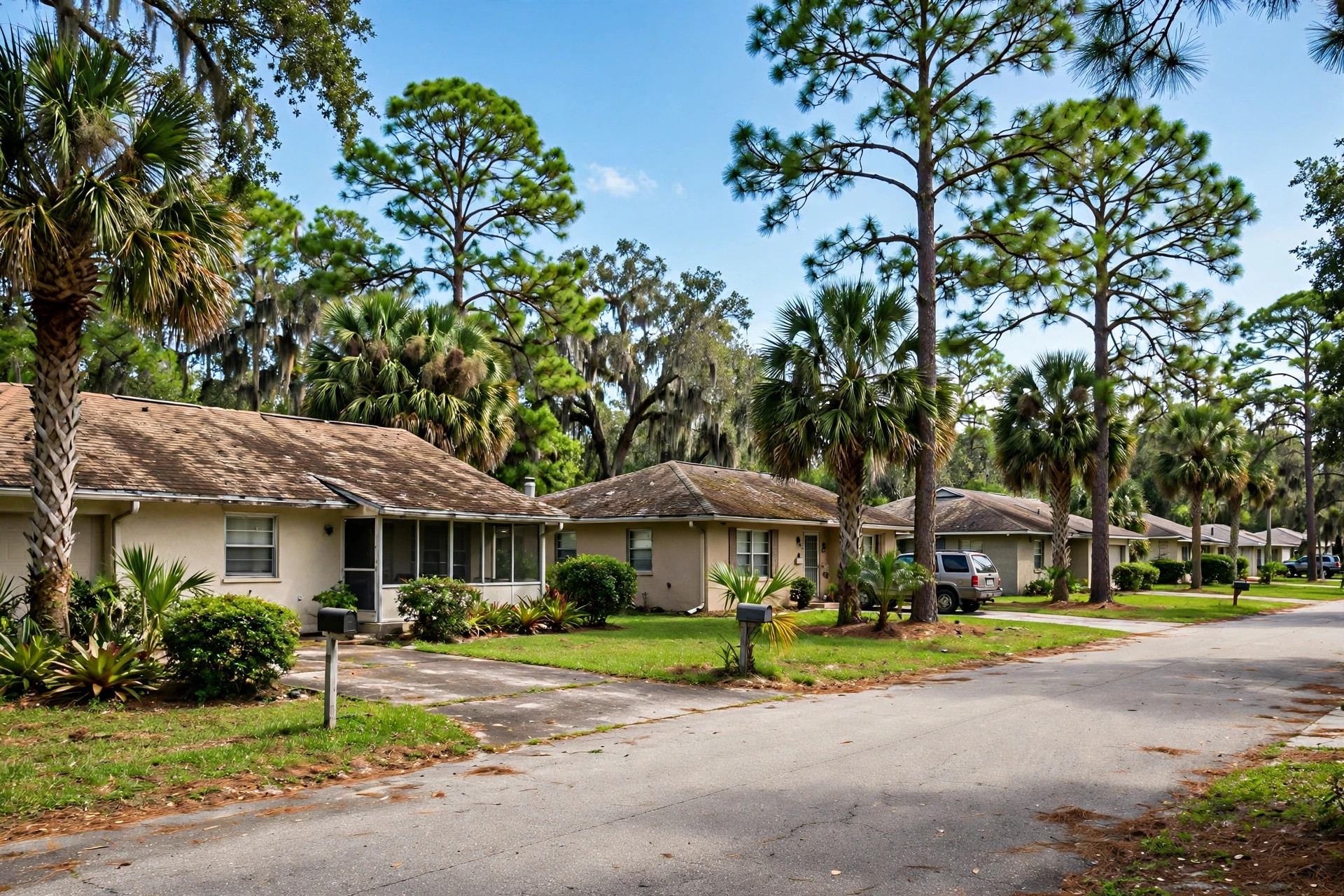 Roof repair in Azalea Park, Orlando FL, inspection of an aging shingle roof on a mature residential street