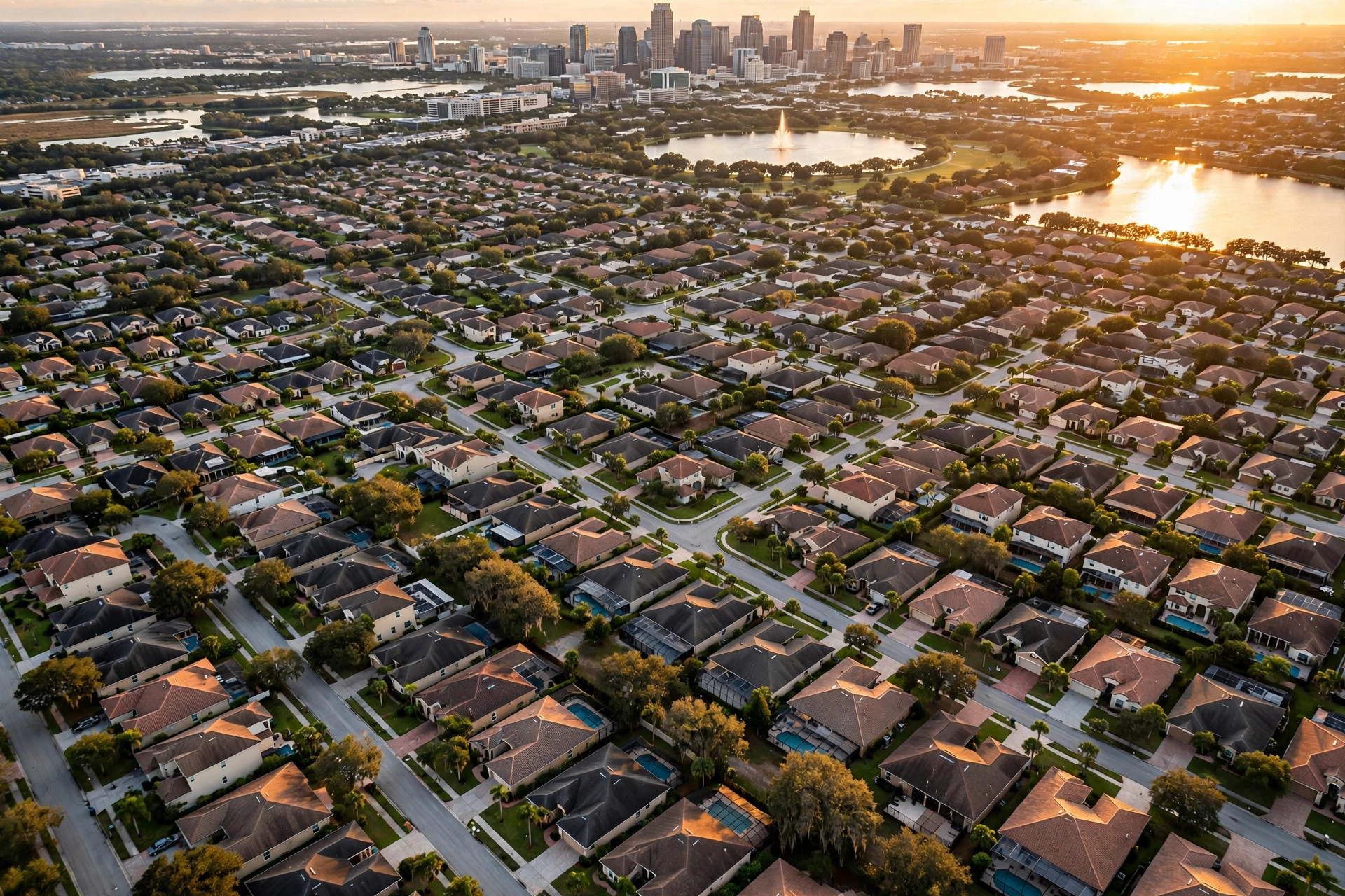 Roof repair locations in Orlando FL, aerial view of Central Florida neighborhoods served