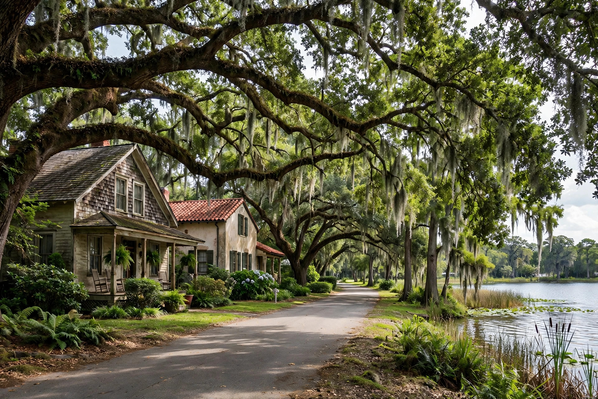 Roof repair in Maitland FL, lakefront homes with shingle roofs under oak canopy