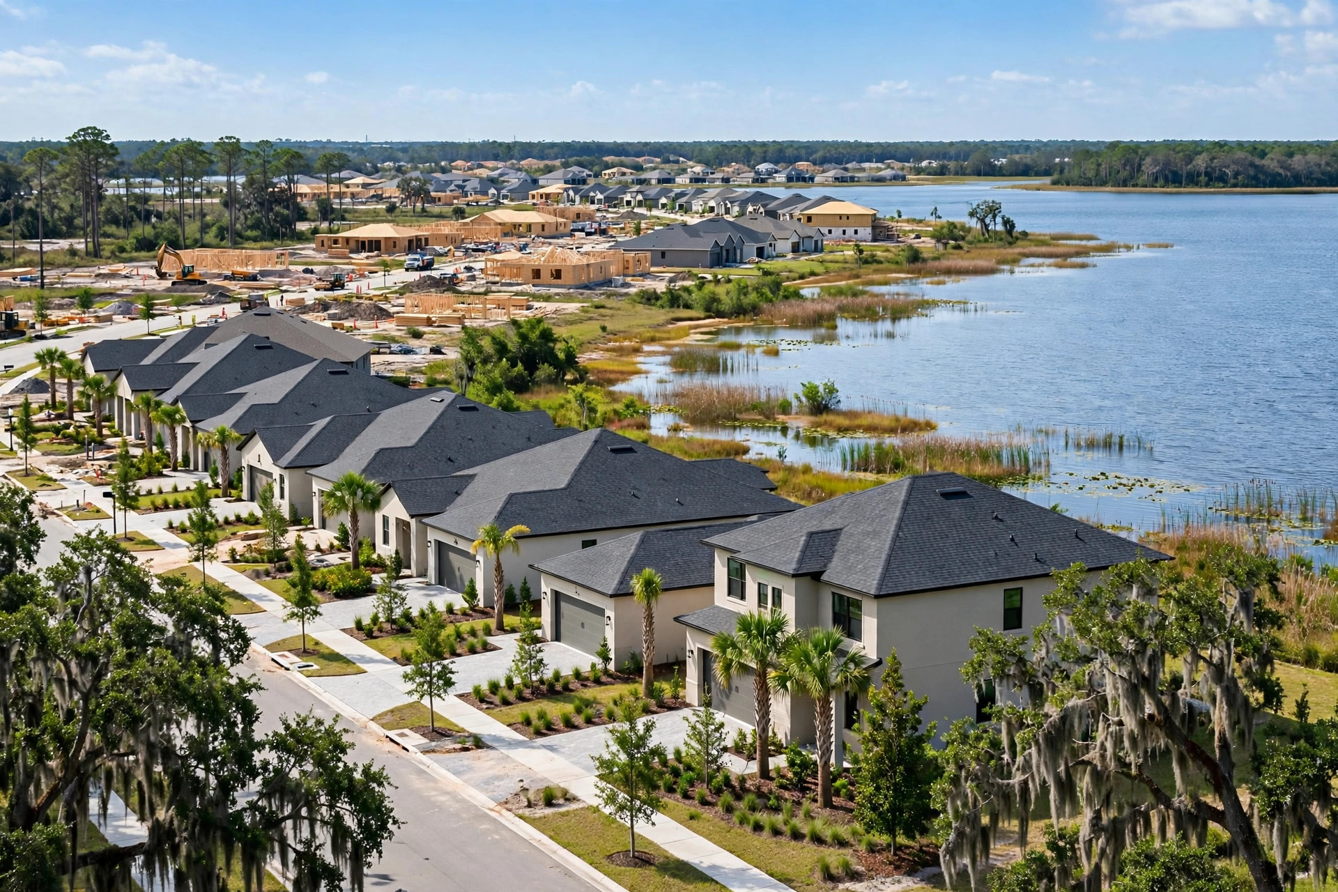 Roof repair in Ocoee FL, new subdivision homes with shingle roofs near the lake