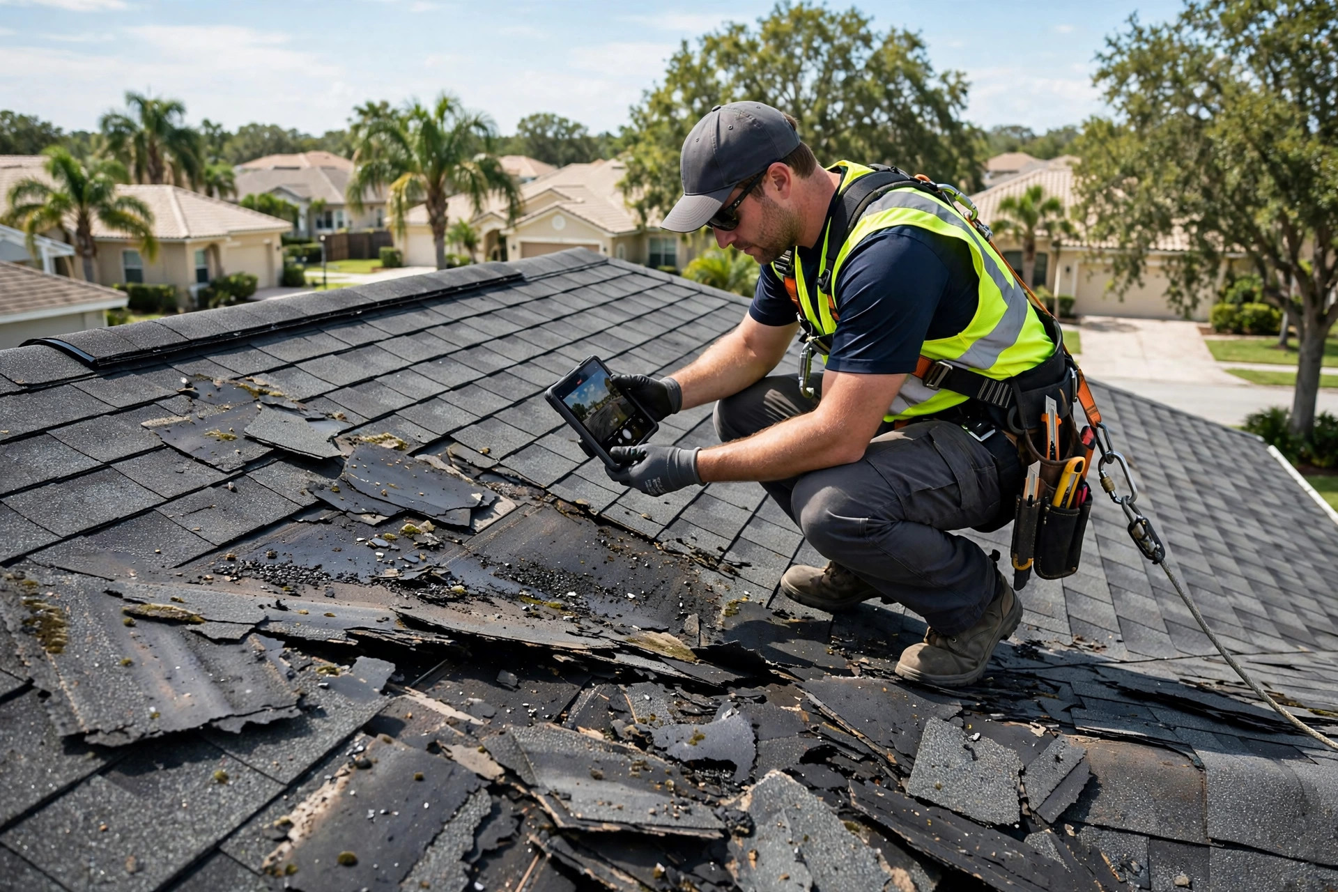 Roof repair process in Orlando FL, inspector photographing shingle damage with a tablet