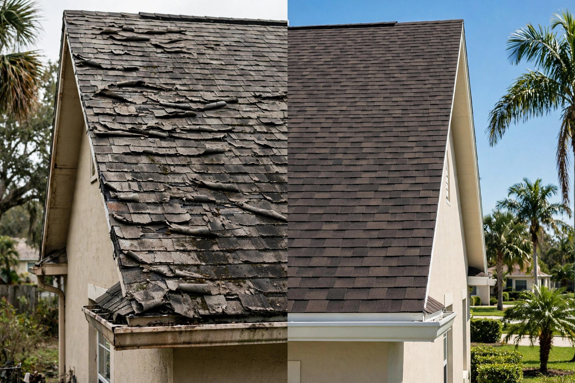 Roof repair vs replacement compared on an Orlando FL home, worn shingles beside a new roof