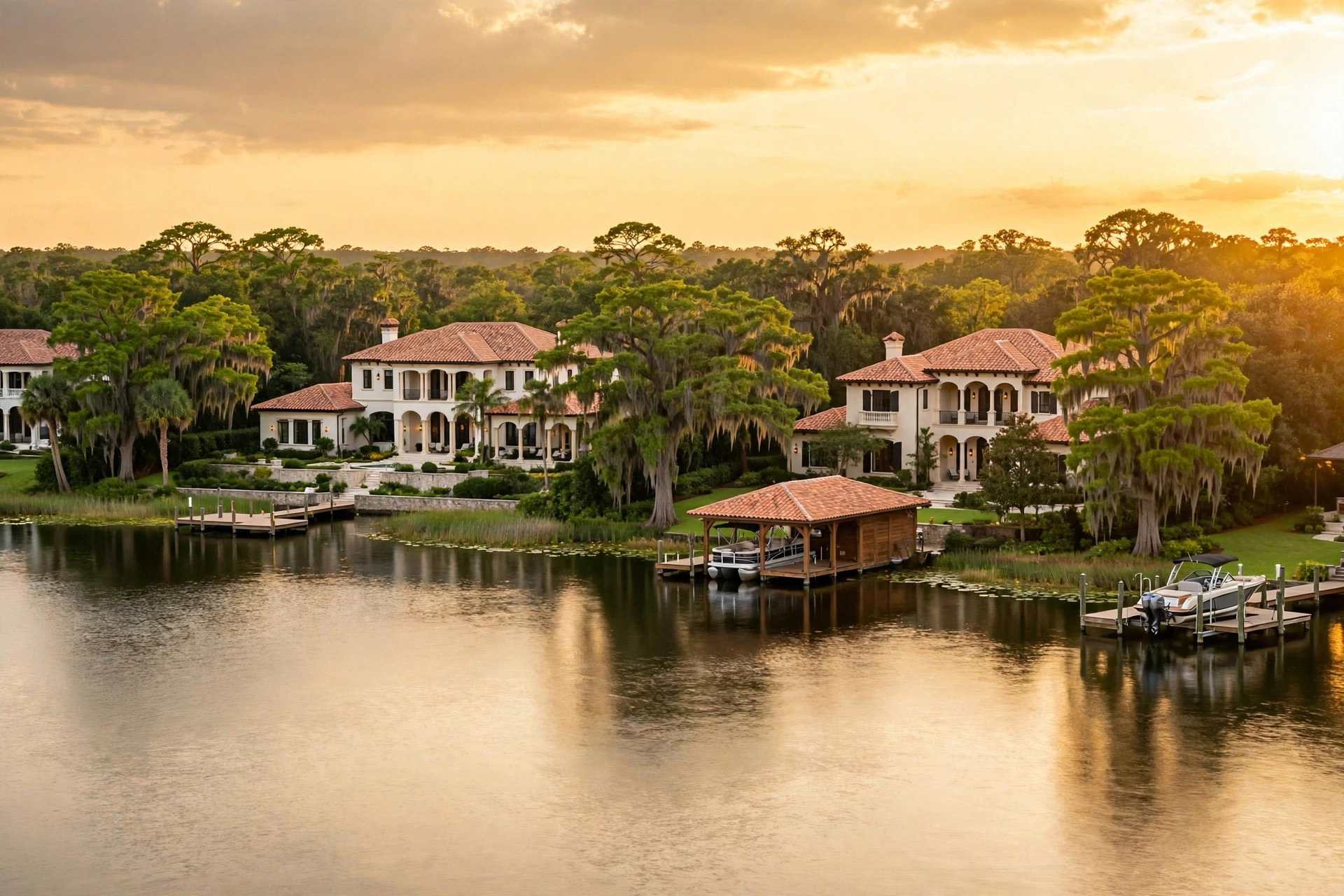 Roof repair in Windermere FL, lakeside estate homes with tile roofs at golden hour