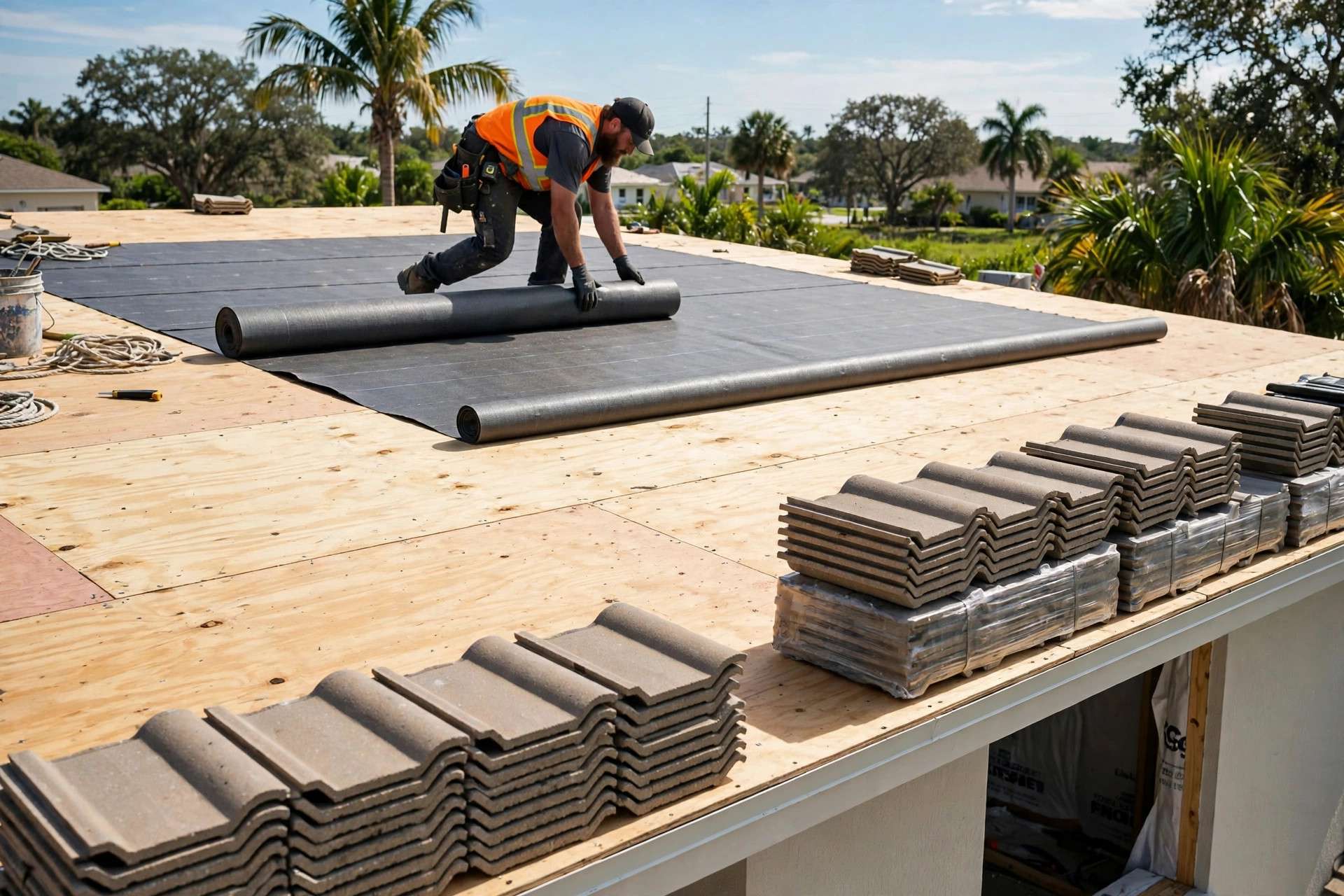 Roof underlayment replacement in Orlando FL, new synthetic underlayment over clean decking