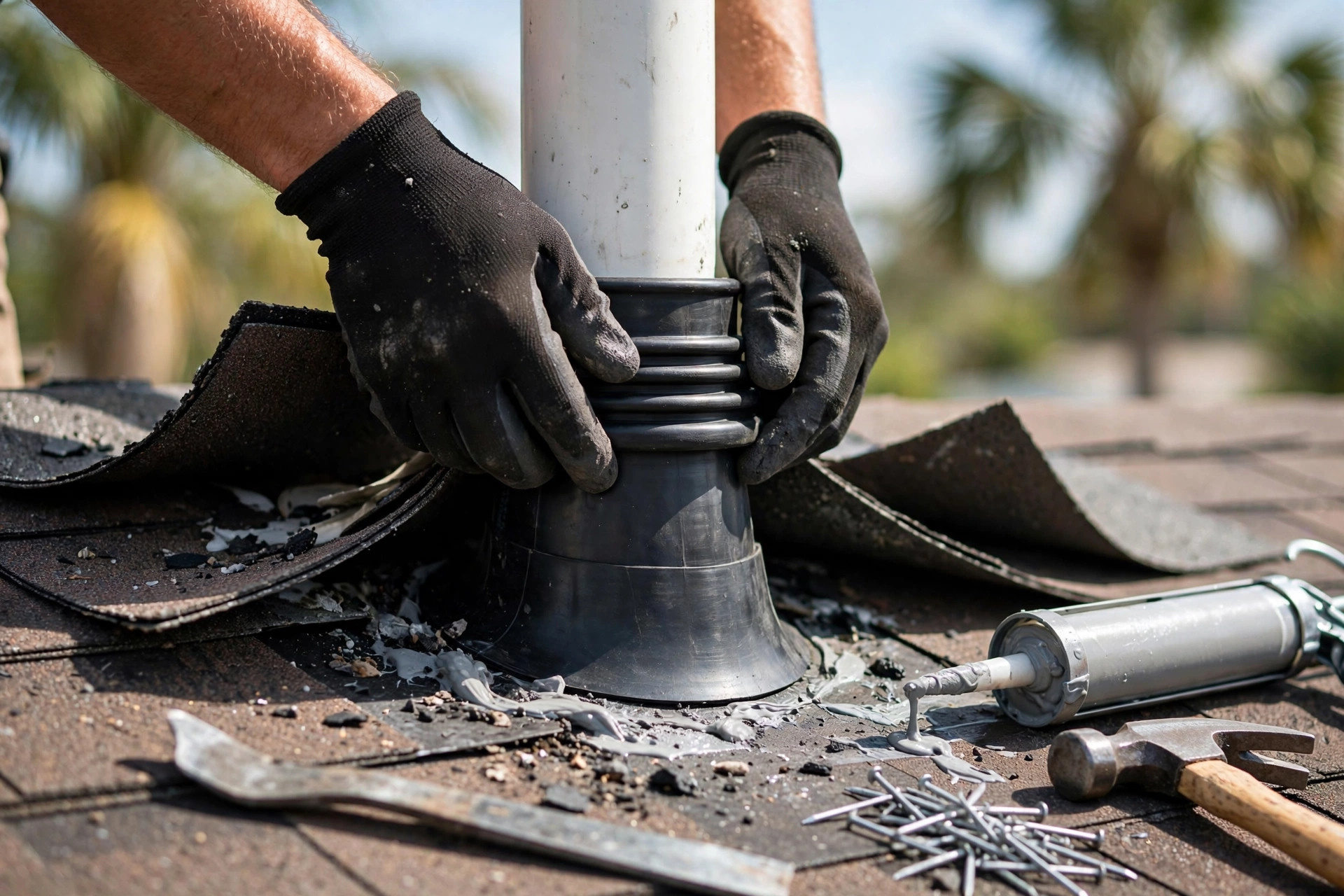 Roof vent repair in Orlando FL, new pipe boot flashing being installed on a shingle roof