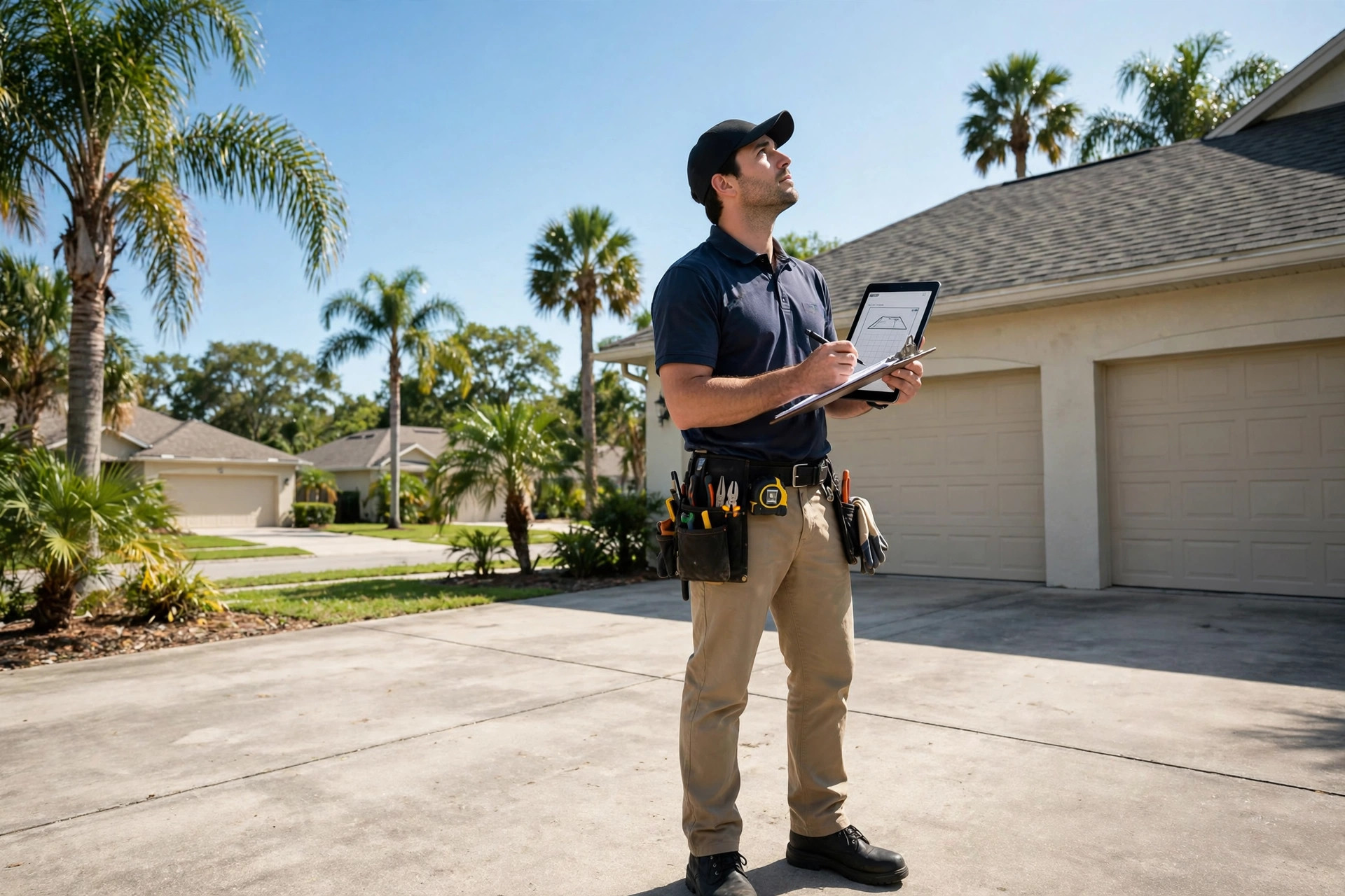 Roofing blog and guides for Orlando FL, roofer reviewing a roof with a tablet and notes