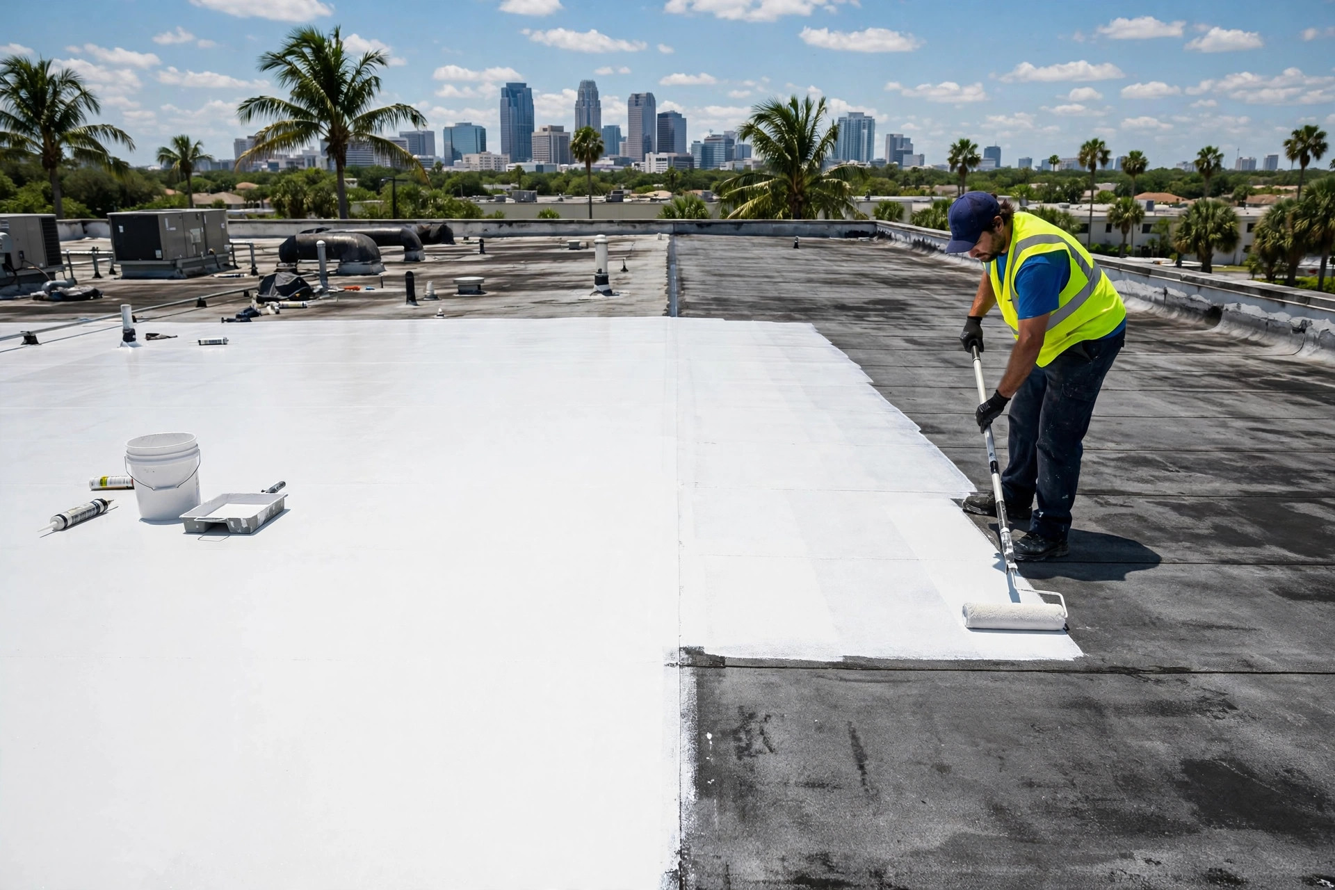 Silicone roof coating in Orlando FL being applied to a flat roof with a roller