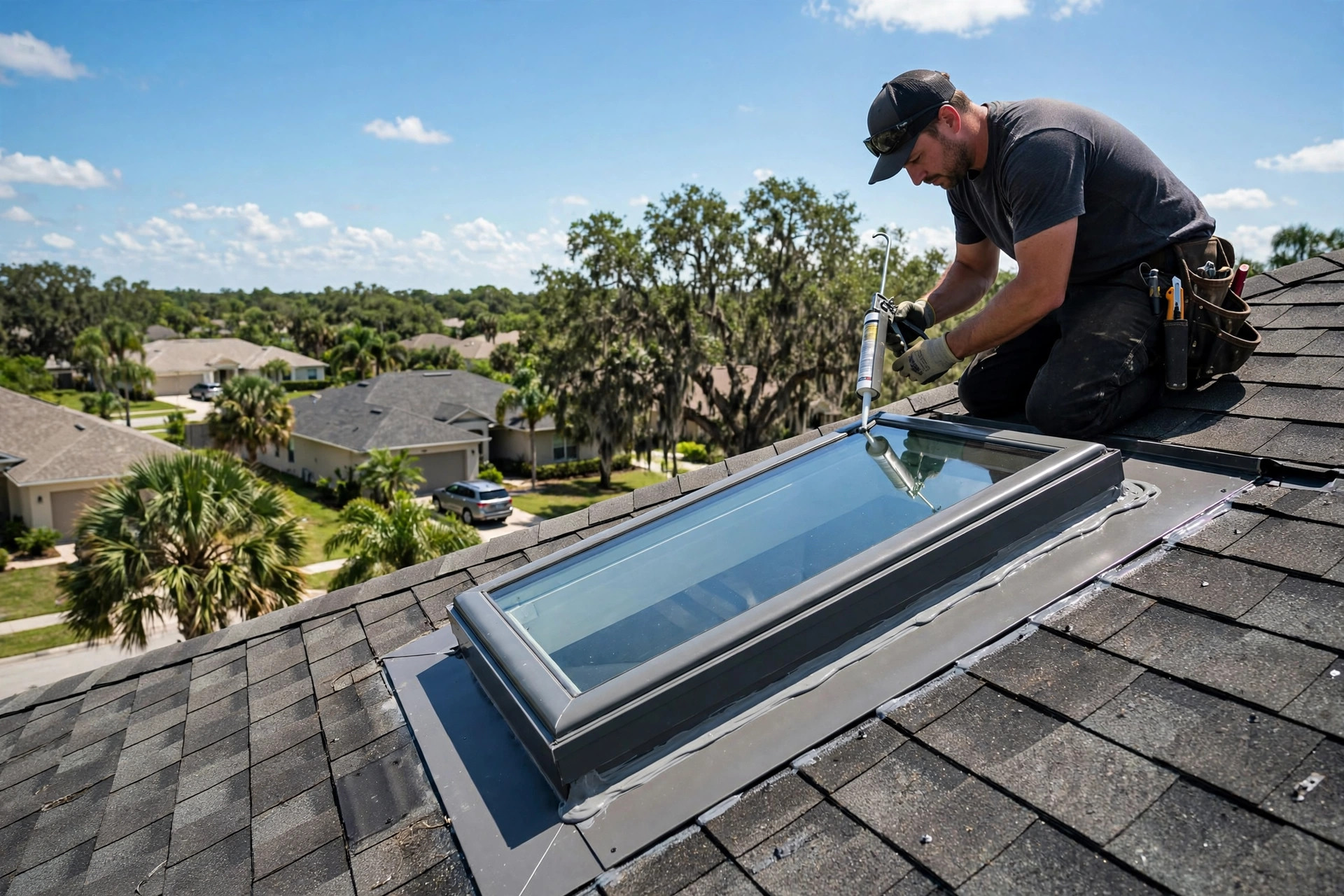 Skylight repair in Orlando FL, roofer resealing a skylight frame and flashing