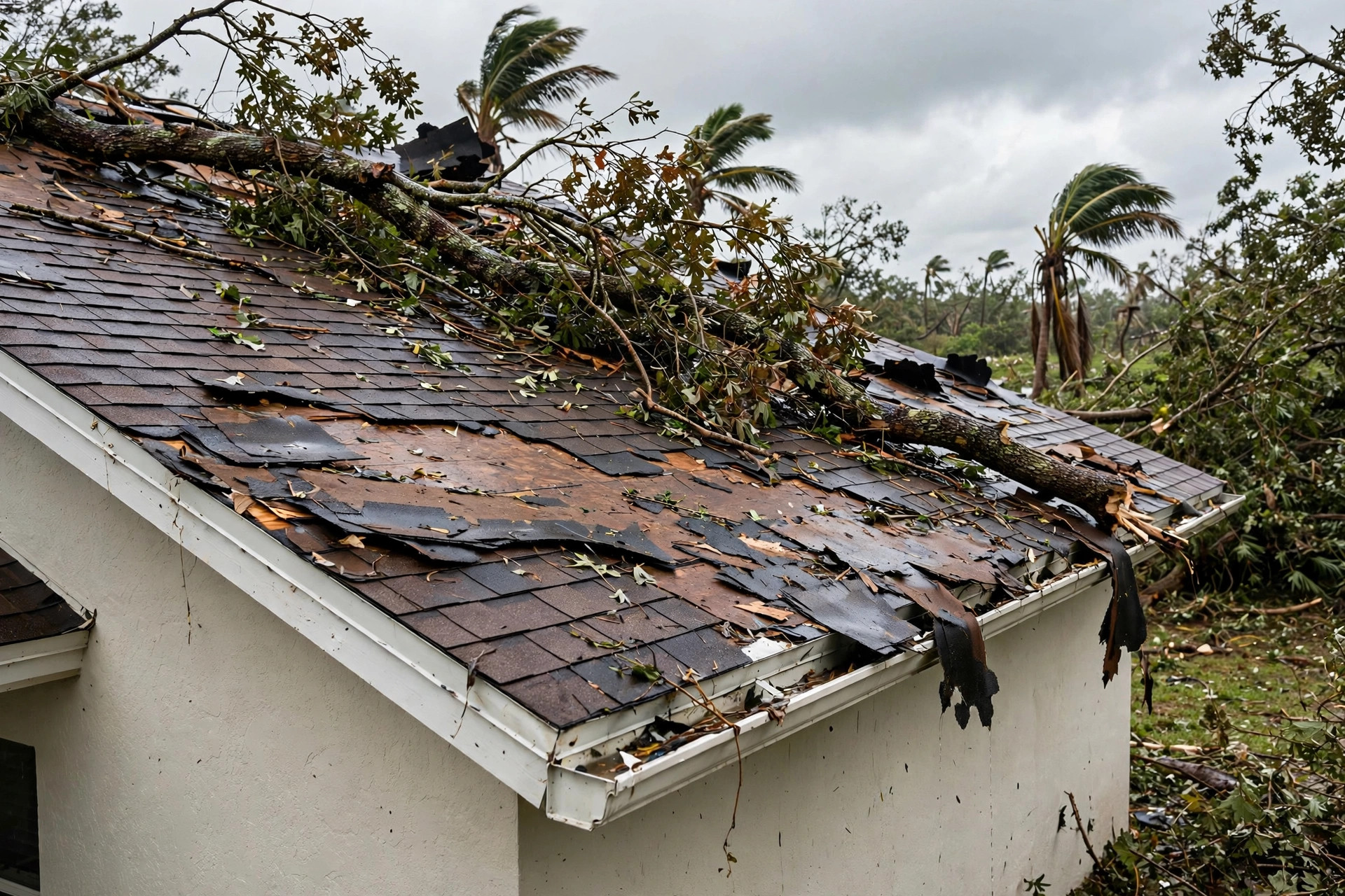 Storm damage roof repair in Orlando, FL after hurricane wind removed shingles