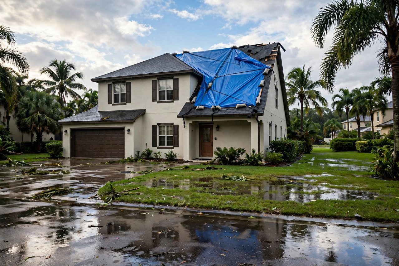 Emergency roof tarping protecting a storm-damaged roof in Orlando, Florida