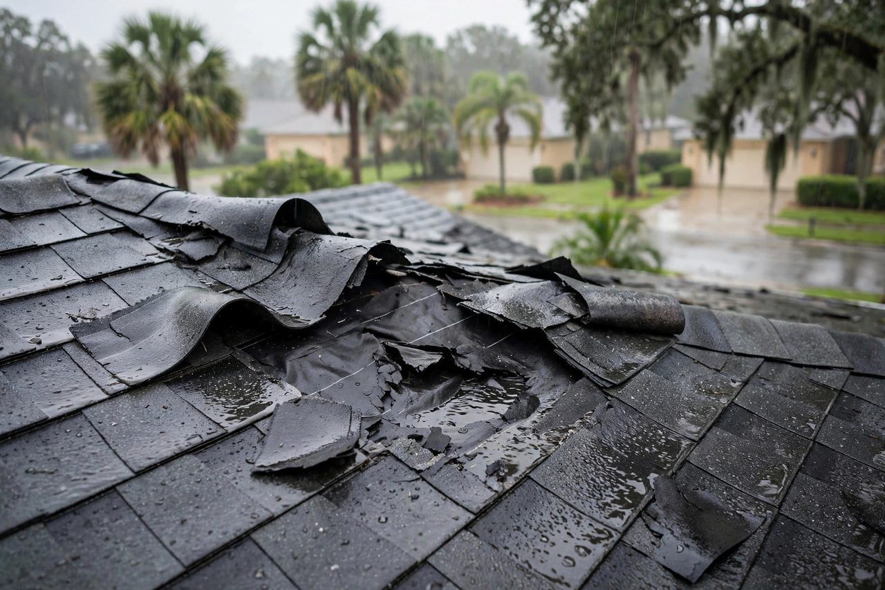Illustrative before image showing a damaged Orlando roof area, geotagged to Orlando FL