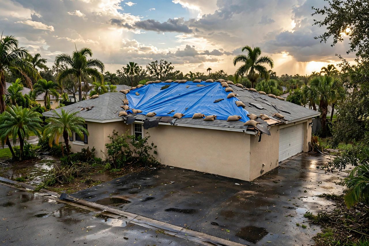 Emergency roof tarping protecting a storm-damaged roof in Orlando, Florida