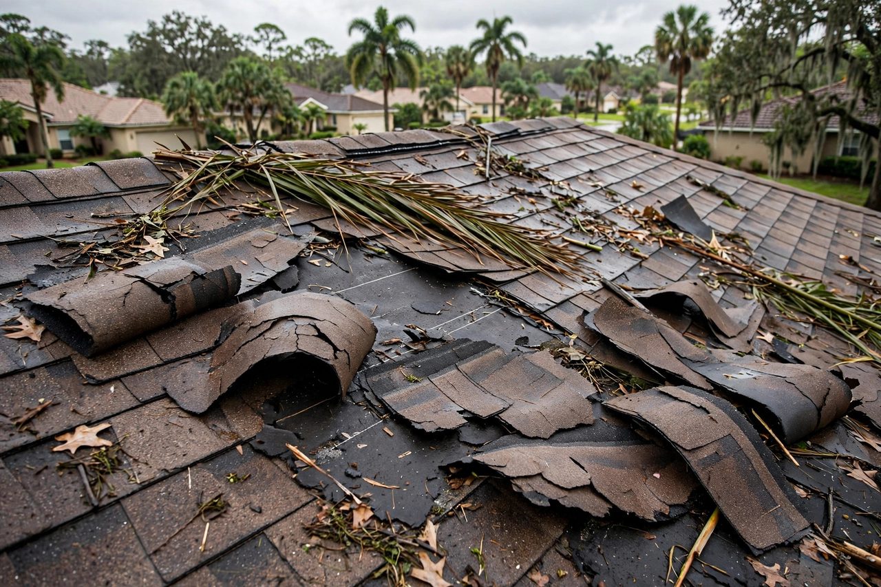 Illustrative before image showing a damaged Orlando roof area, geotagged to Orlando FL