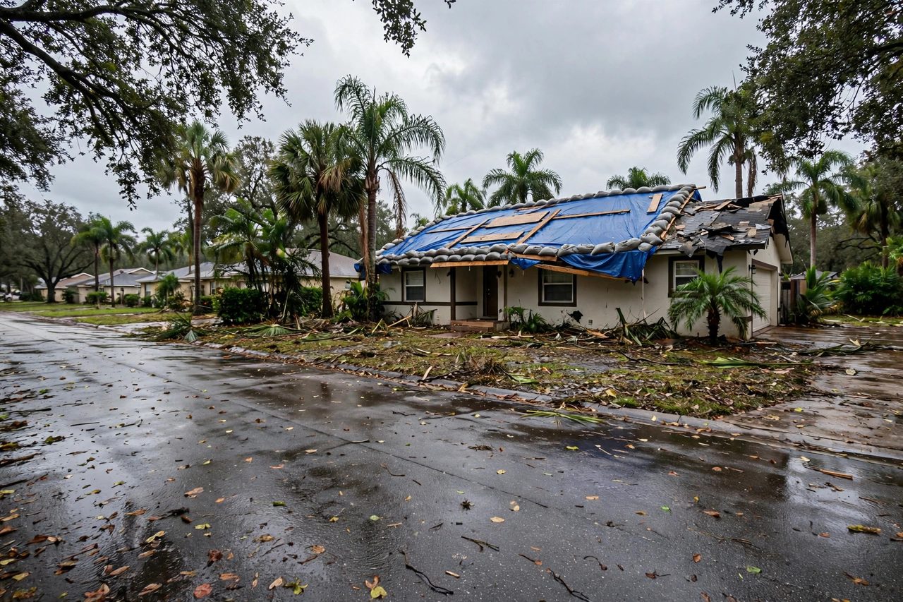 Emergency roof tarping protecting a storm-damaged roof in Orlando, Florida