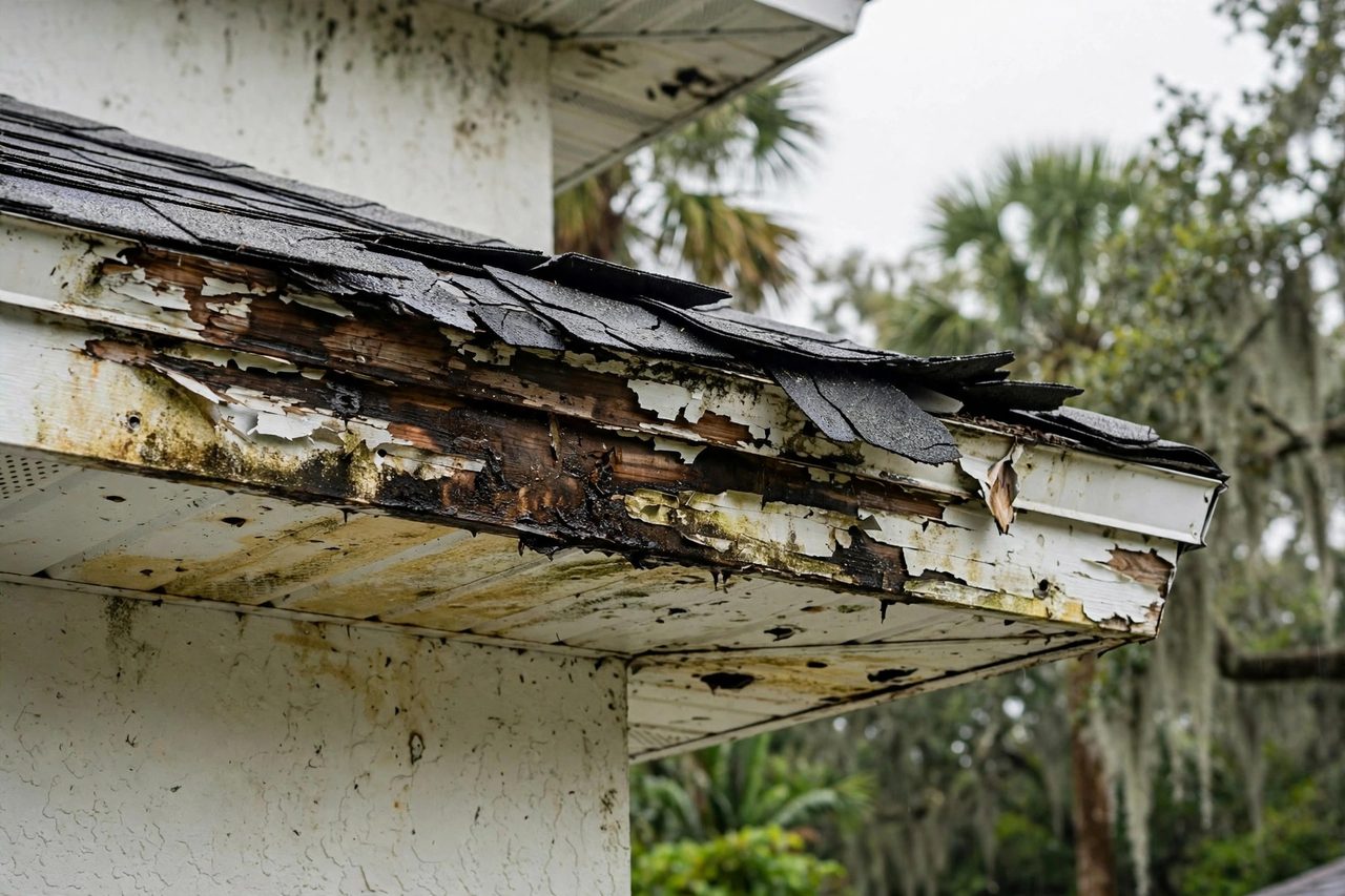Illustrative before image showing a damaged Orlando roof area, geotagged to Orlando FL
