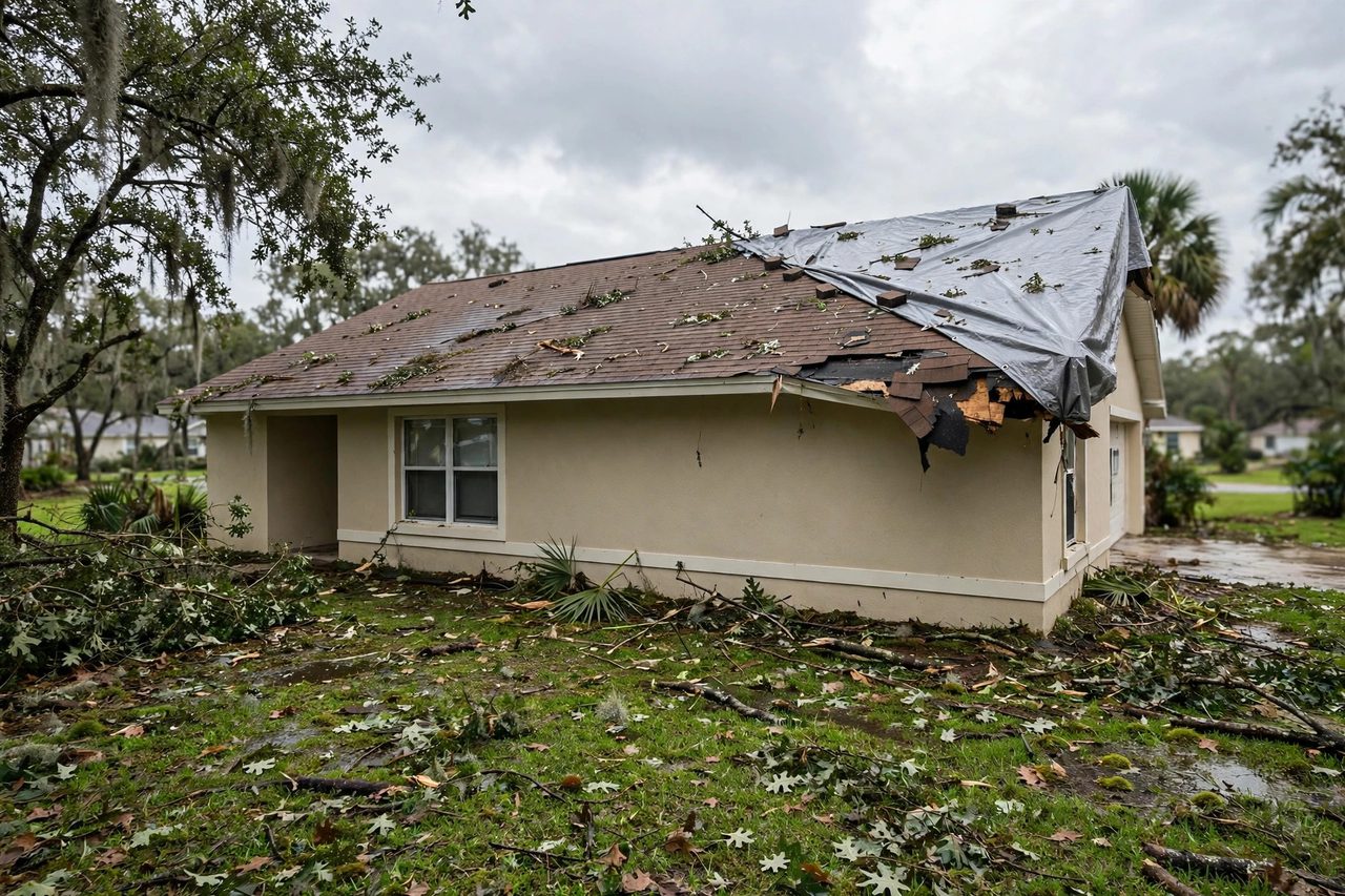 Emergency roof tarping protecting a storm-damaged roof in Orlando, Florida