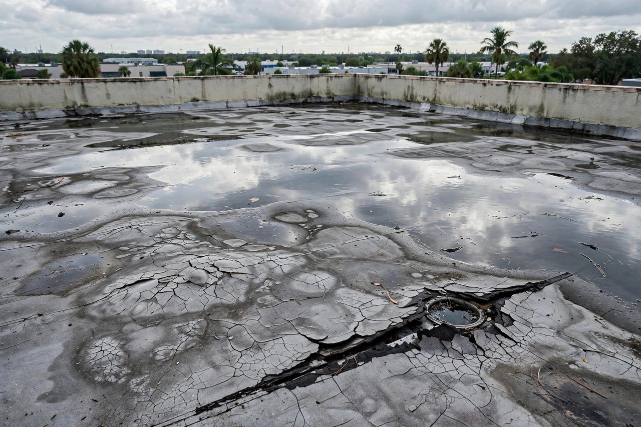 Illustrative before image showing a damaged Orlando roof area, geotagged to Orlando FL