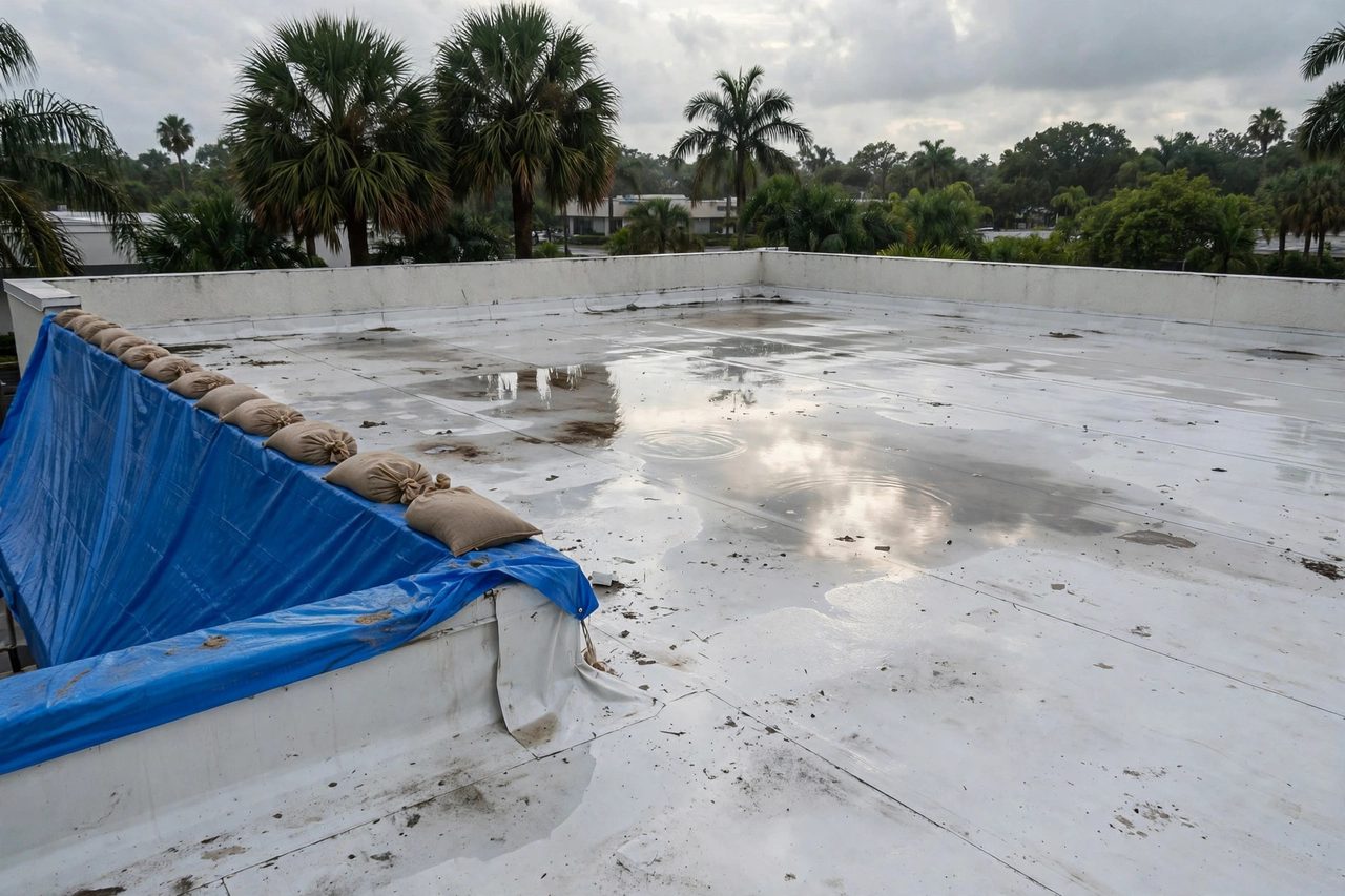 Emergency roof tarping protecting a storm-damaged roof in Orlando, Florida