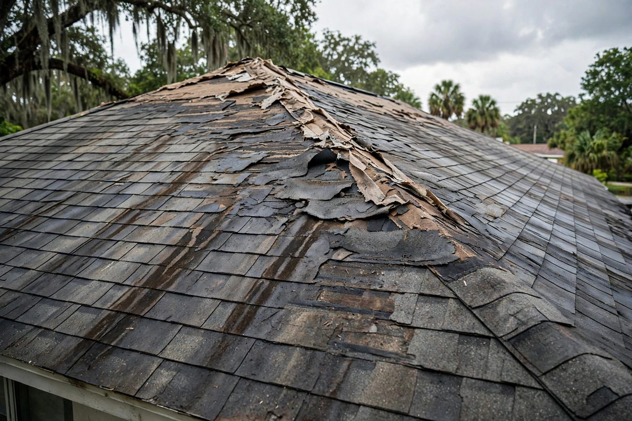 Illustrative before image showing a damaged Orlando roof area, geotagged to Orlando FL