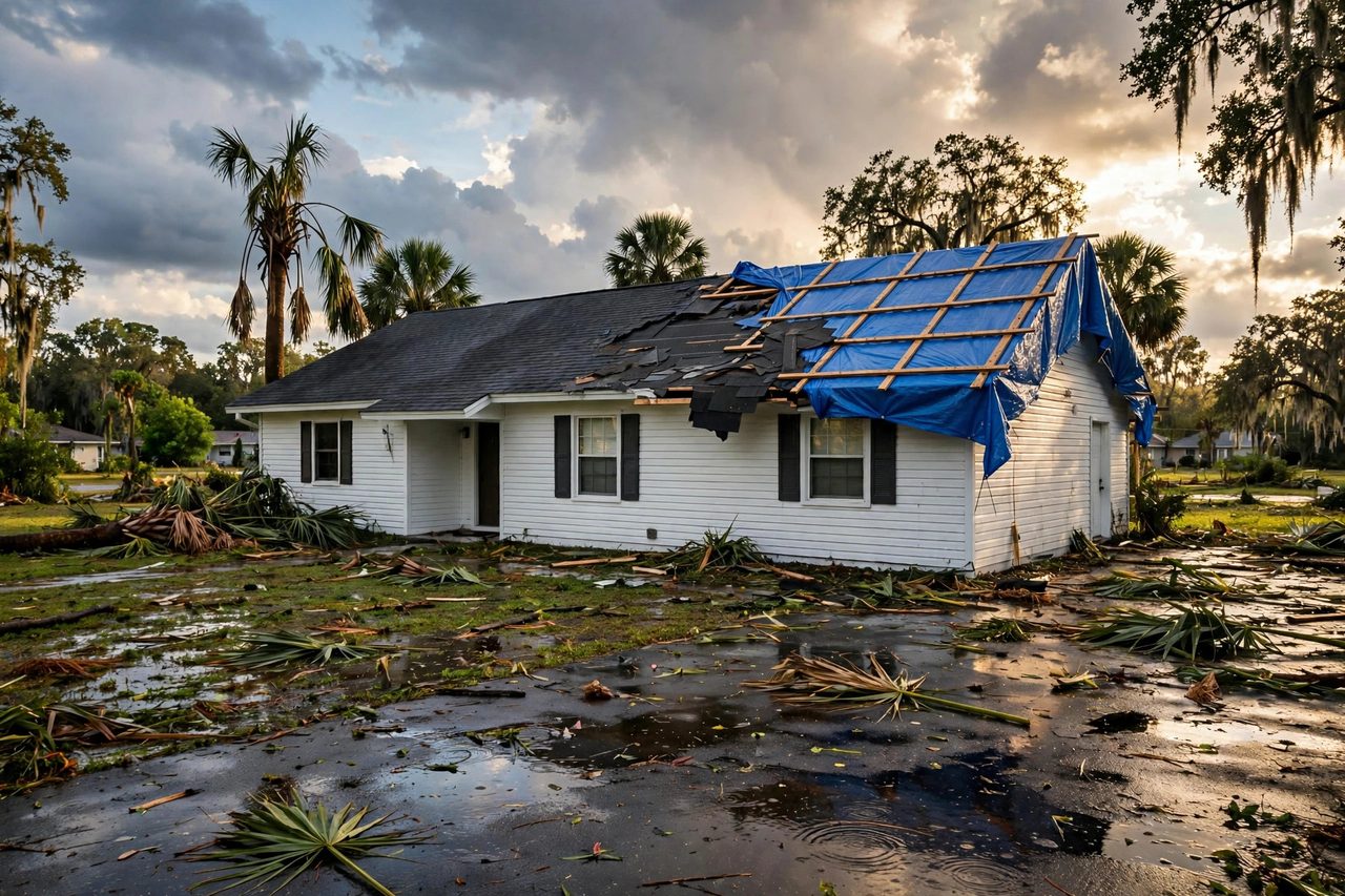 Emergency roof tarping protecting a storm-damaged roof in Orlando, Florida