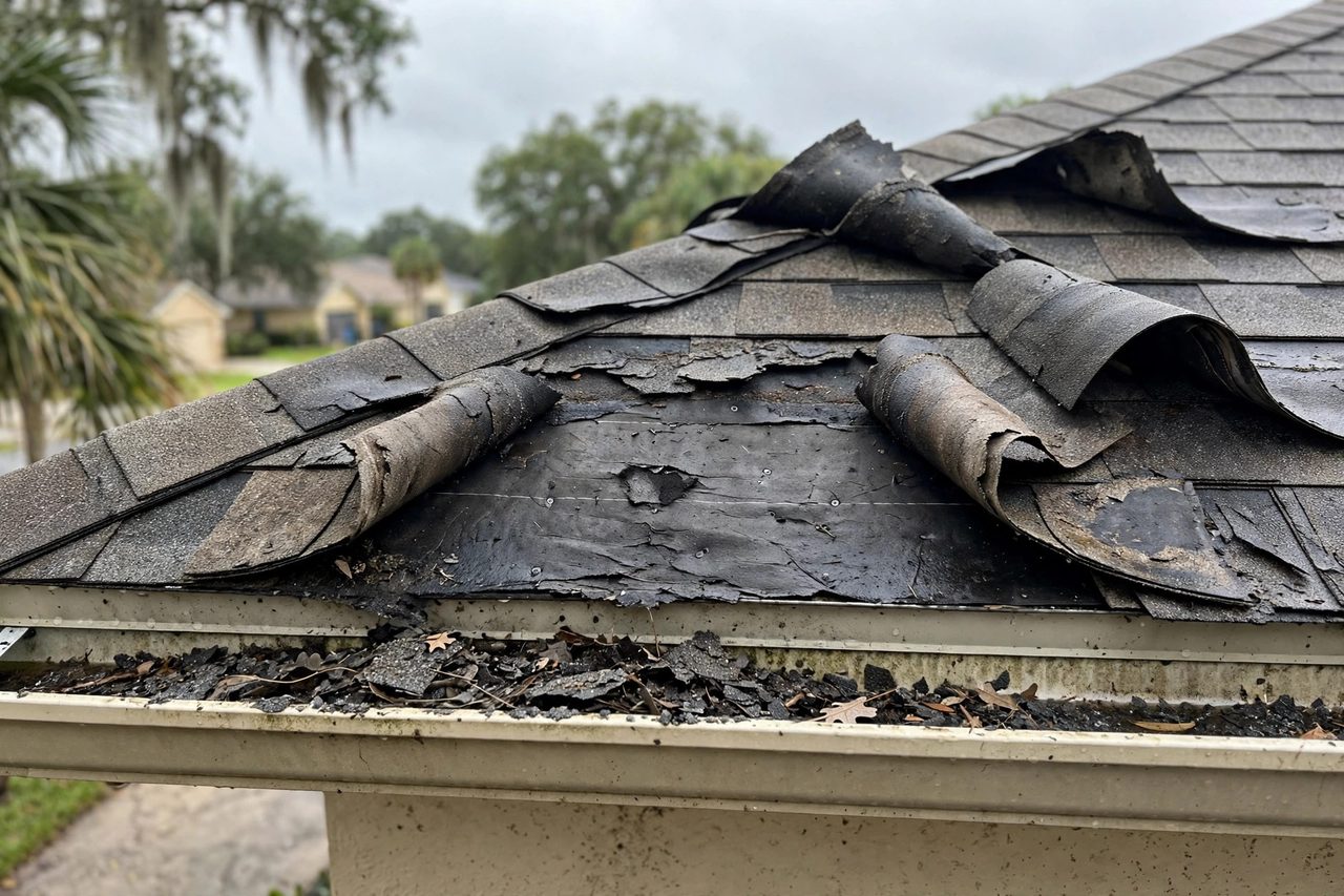 Illustrative before image showing a damaged Orlando roof area, geotagged to Orlando FL