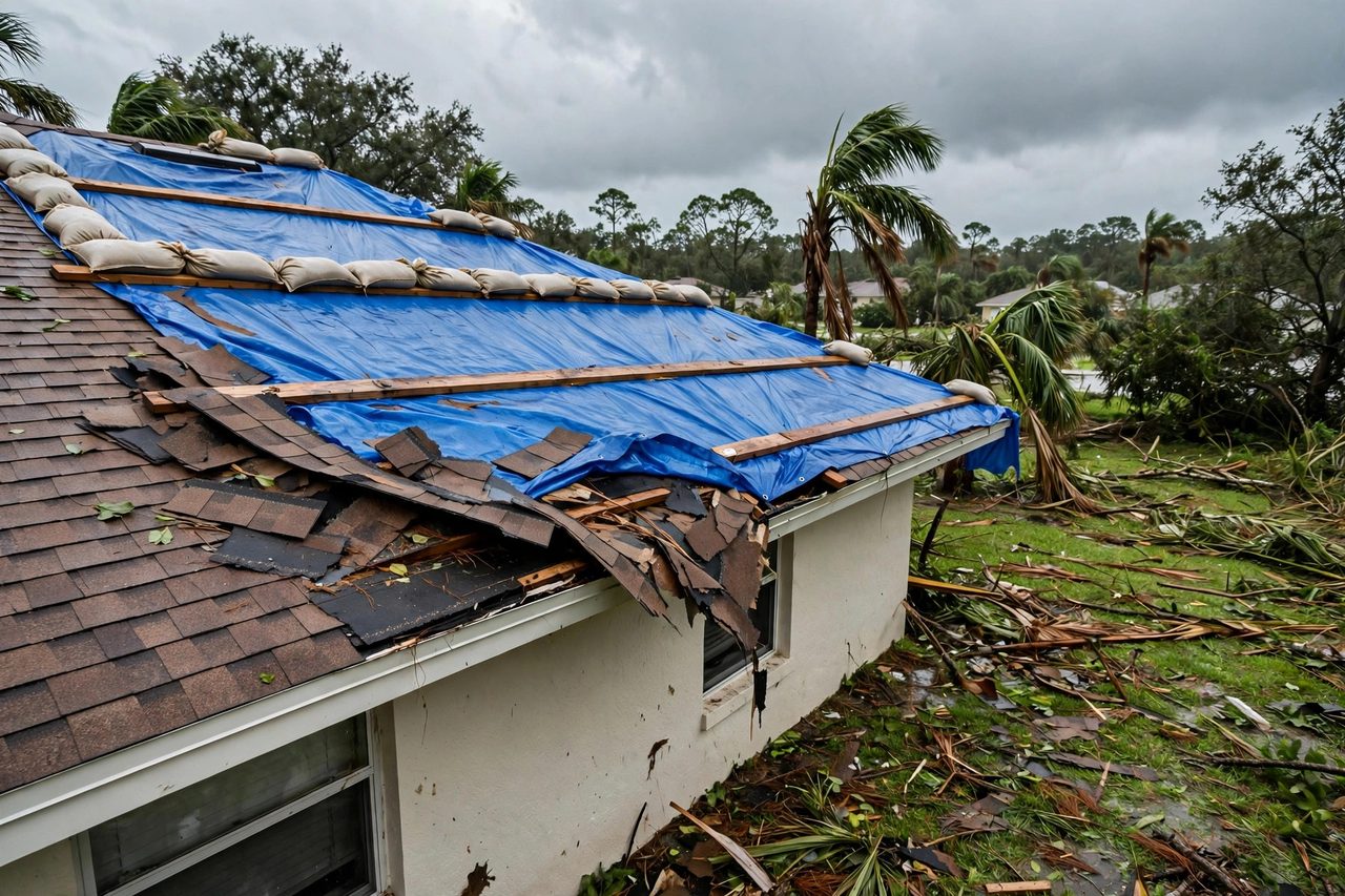 Emergency roof tarping protecting a storm-damaged roof in Orlando, Florida