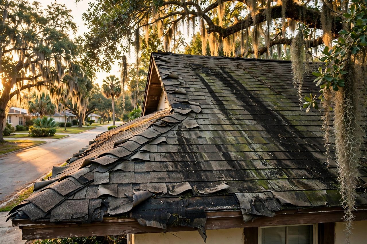 Illustrative before image showing a damaged Orlando roof area, geotagged to Orlando FL