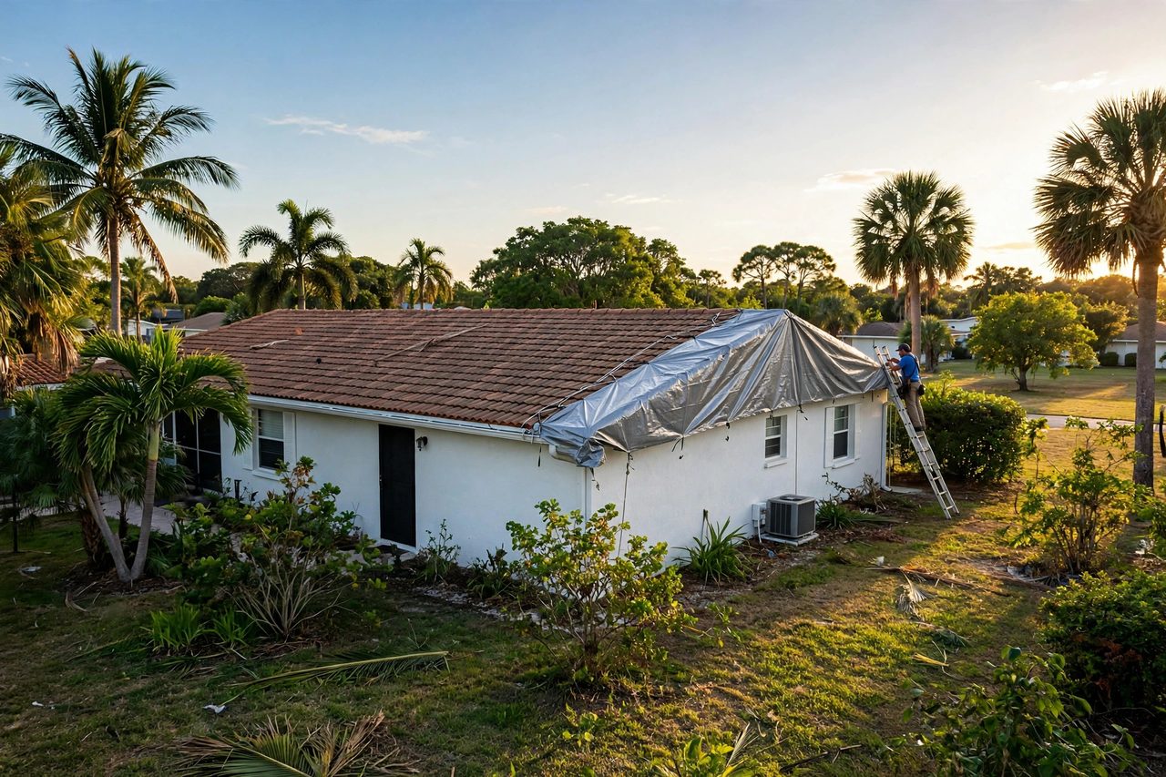 Emergency roof tarping protecting a storm-damaged roof in Orlando, Florida