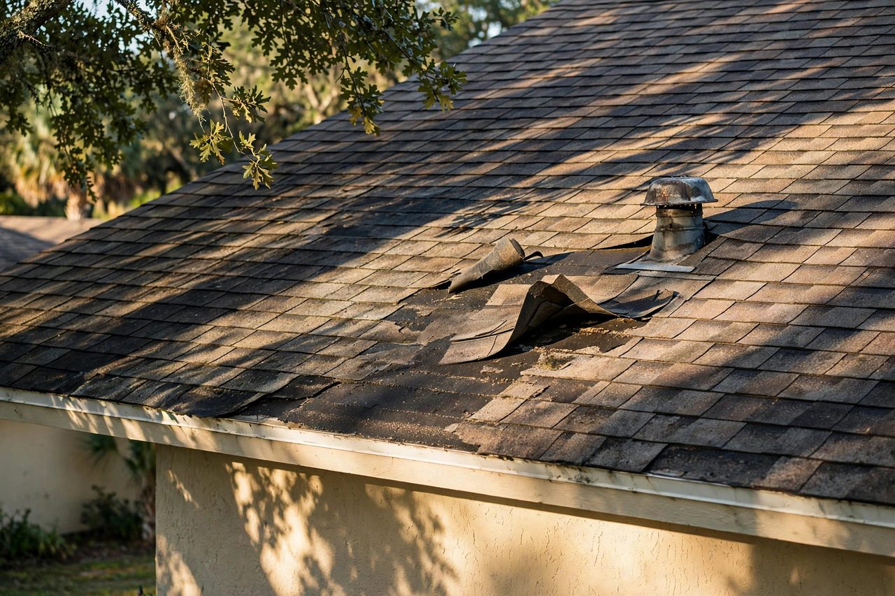 Illustrative before image showing a damaged Orlando roof area, geotagged to Orlando FL