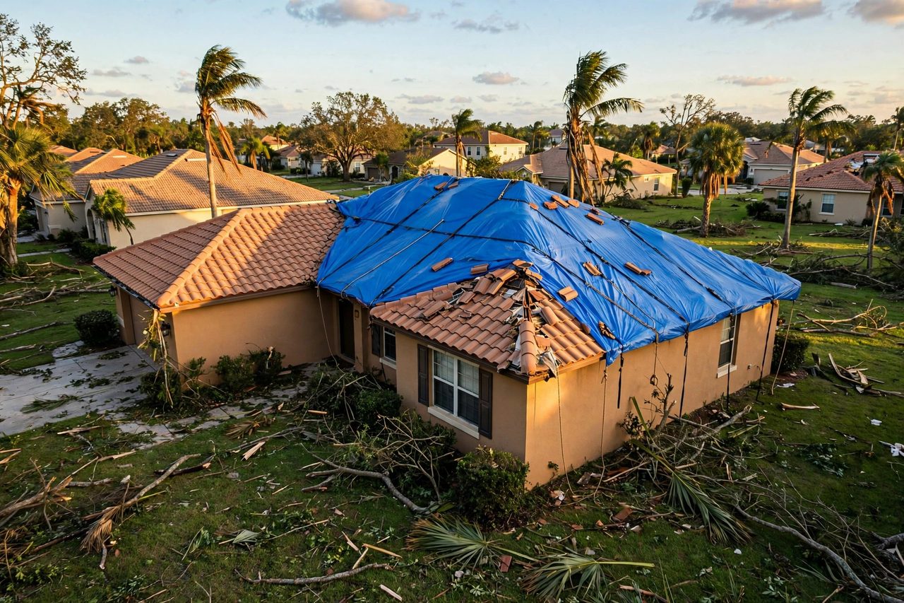 Emergency roof tarping protecting a storm-damaged roof in Orlando, Florida
