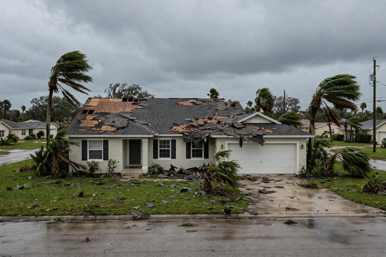 Illustrative before image showing a damaged Orlando roof area, geotagged to Orlando FL